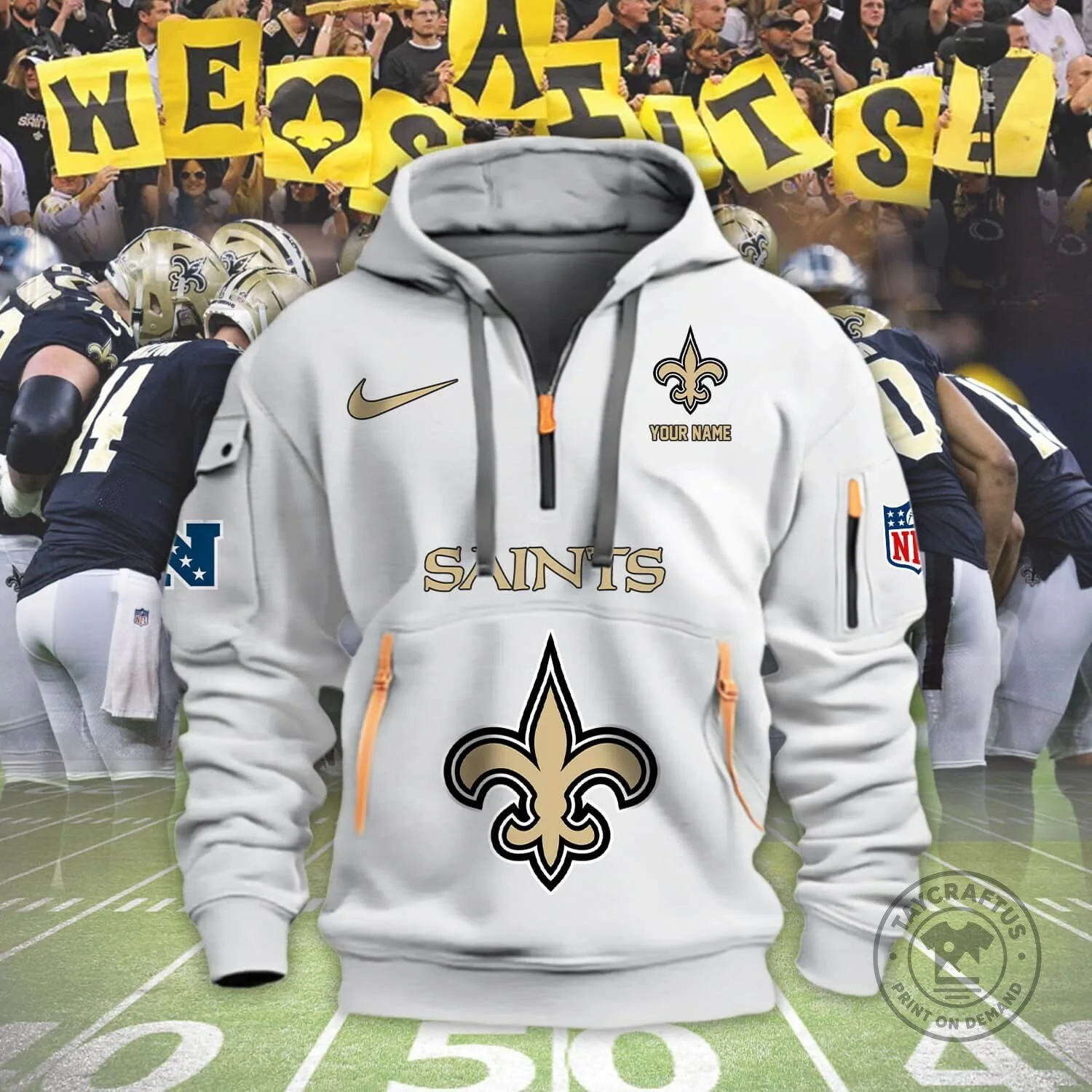 New Orleans Saints Football Team Logo Custom Name Tan Half-Zip Hoodie 7 New Orleans Saints Football Team Logo Custom Name Tan Half-Zip Hoodie