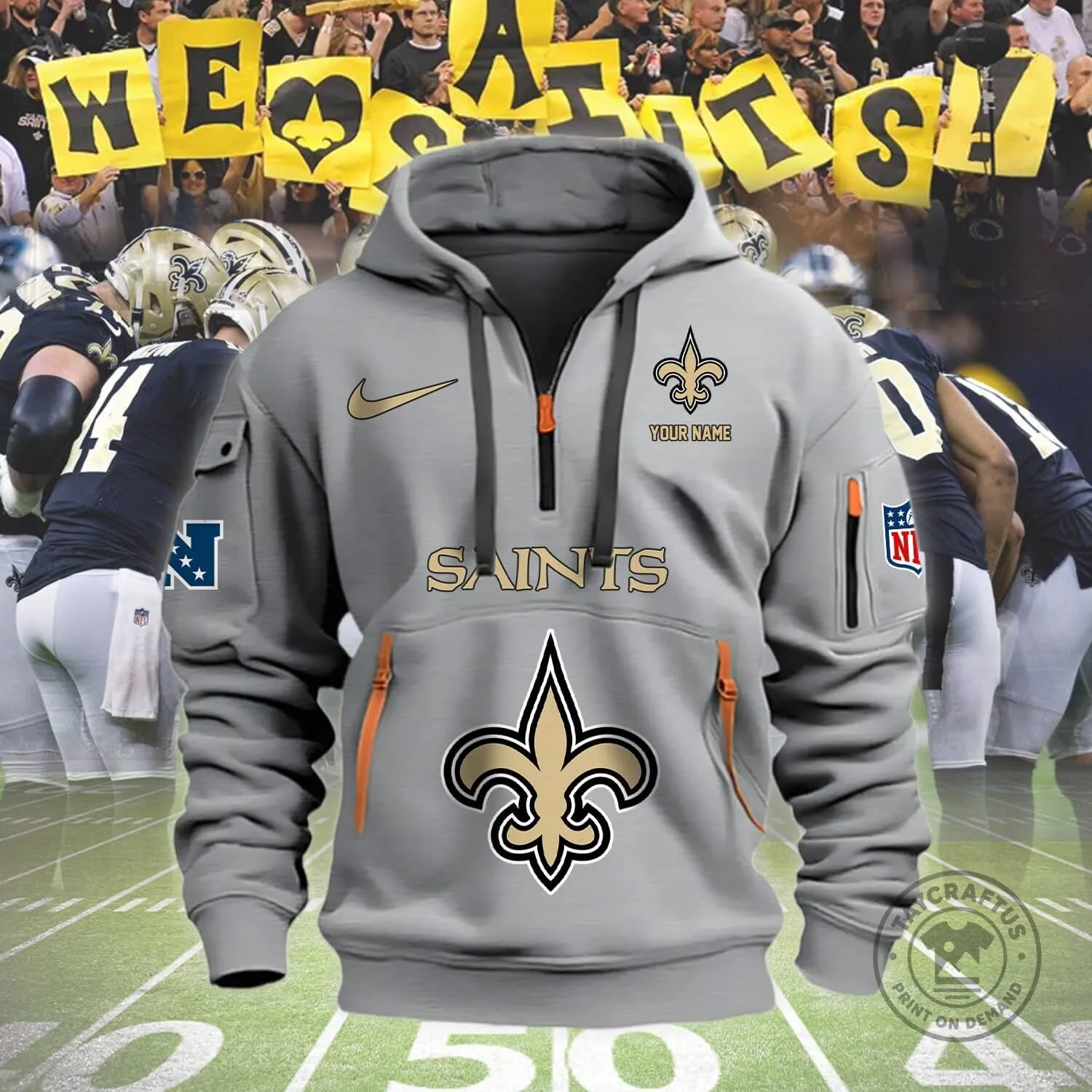 New Orleans Saints Football Team Logo Custom Name Tan Half-Zip Hoodie 8 New Orleans Saints Football Team Logo Custom Name Tan Half-Zip Hoodie