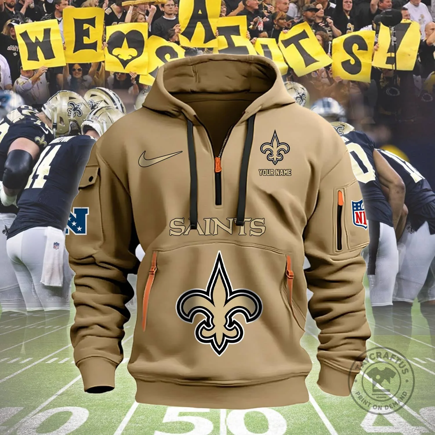 New Orleans Saints Football Team Logo Custom Name Tan Half-Zip Hoodie 9 New Orleans Saints Football Team Logo Custom Name Tan Half-Zip Hoodie