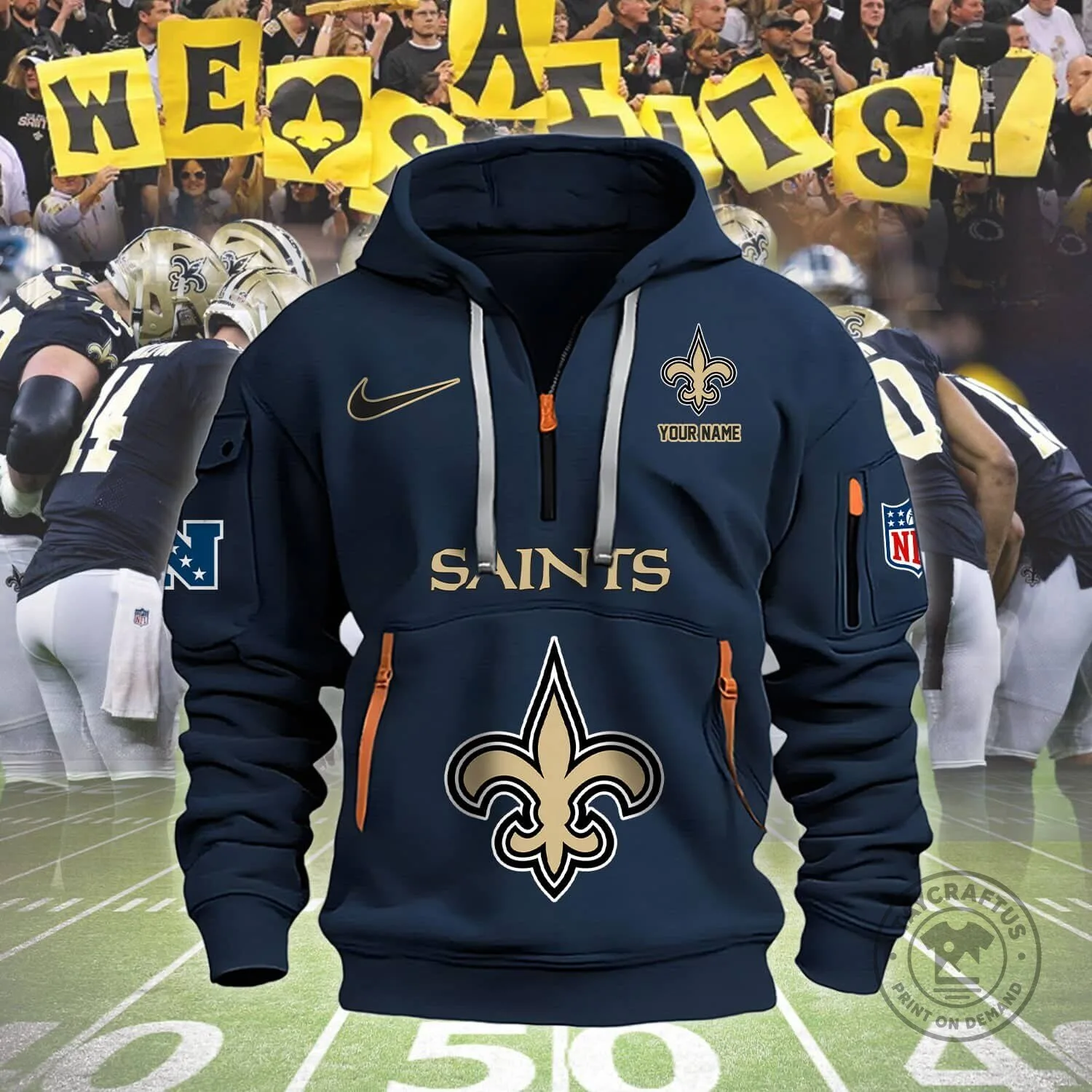 New Orleans Saints Football Team Logo Custom Name Tan Half-Zip Hoodie 10 New Orleans Saints Football Team Logo Custom Name Tan Half-Zip Hoodie