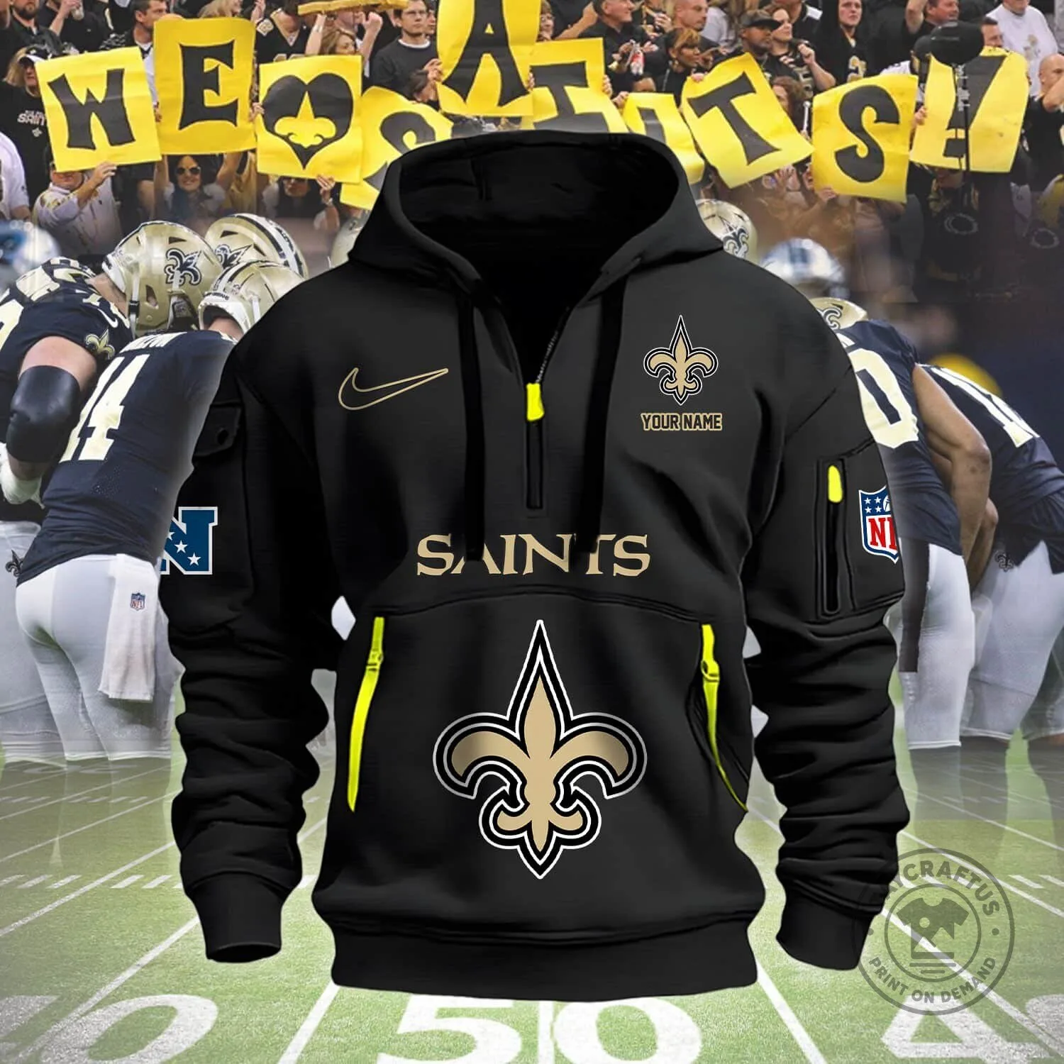 New Orleans Saints Football Team Logo Custom Name Tan Half-Zip Hoodie 11 New Orleans Saints Football Team Logo Custom Name Tan Half-Zip Hoodie