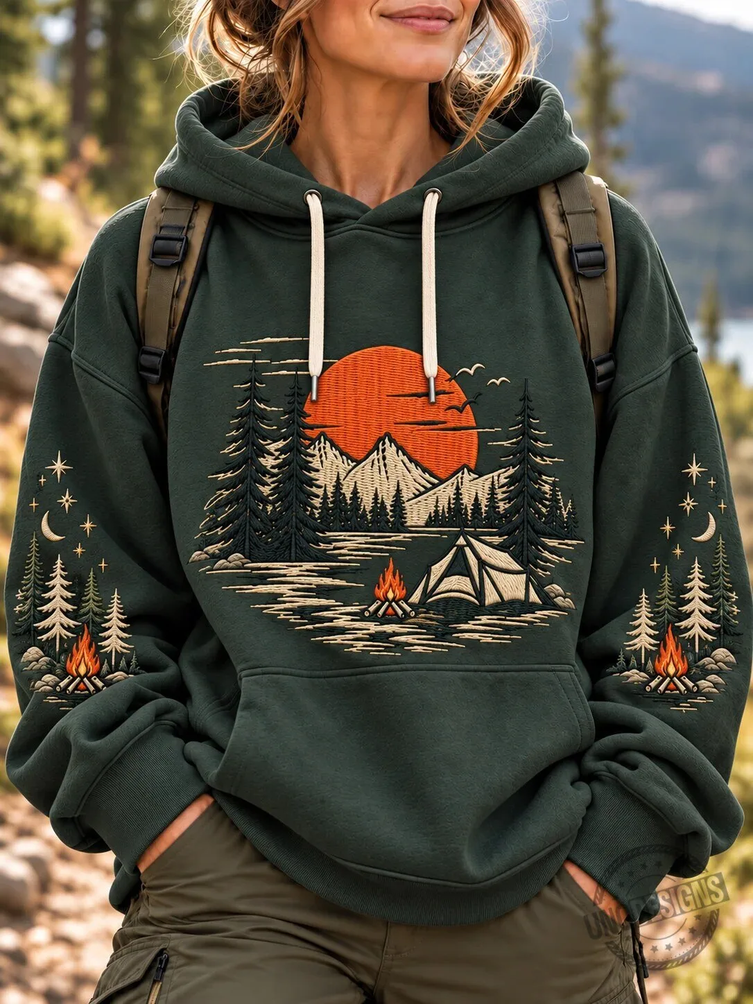 Camping Adventure Forest Sunset Hoodie, Nature Lover Mountain Campfire Sweatshirt