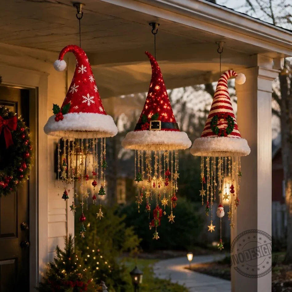 Christmas Santa Hat Hanging Lighted LED String Lights for Holiday Decor 12 Christmas Santa Hat Hanging Lighted LED String Lights for Holiday Decor