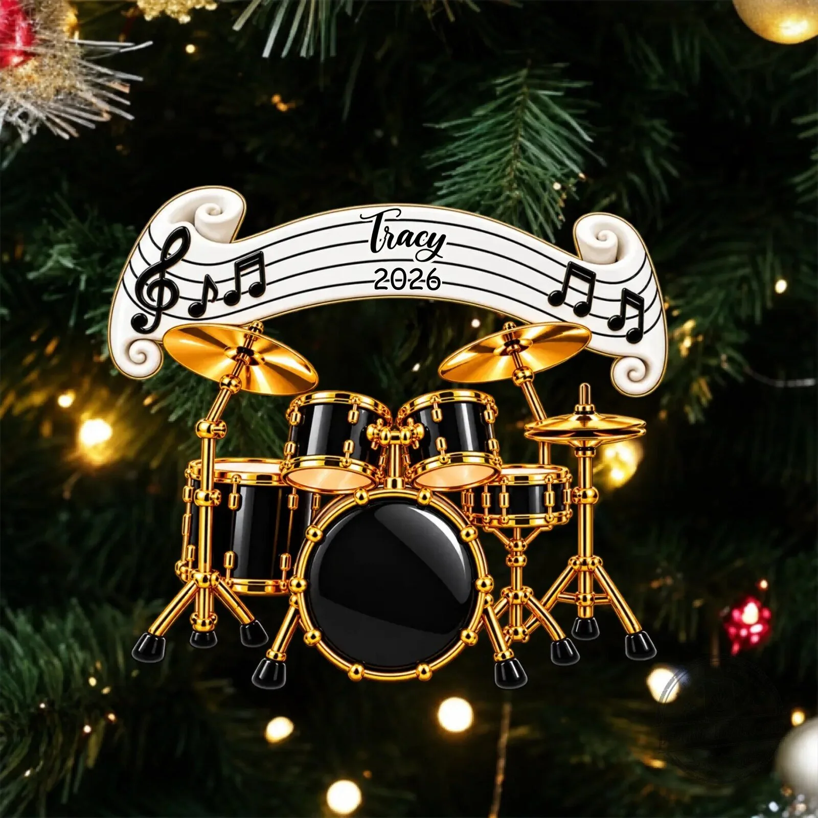 Personalized Drum Kit Christmas Ornament with Music Notes and Custom Name