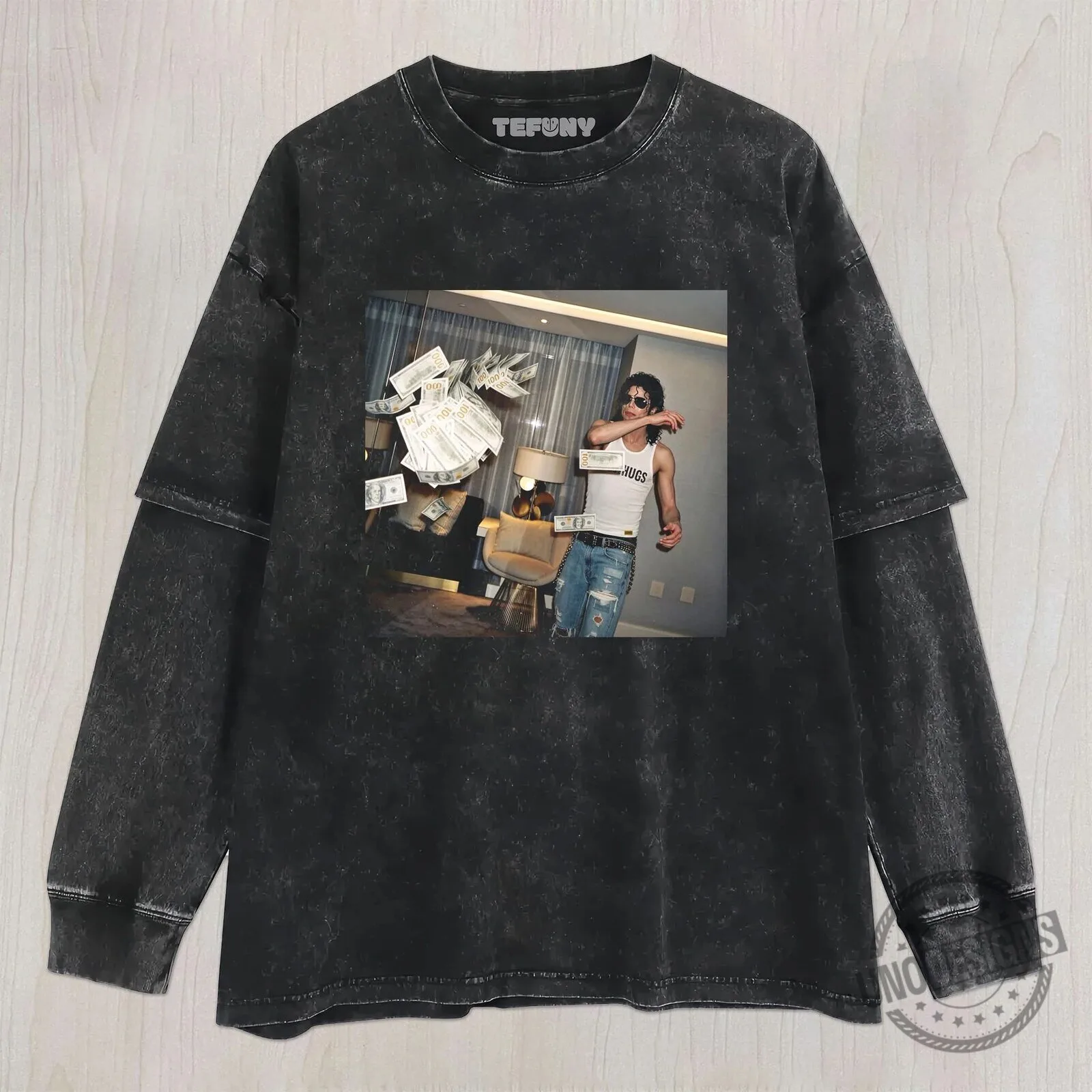 Michael Jackson Money Throwing Black Washed Vintage Style T-Shirt 7 Michael Jackson Money Throwing Black Washed Vintage Style T-Shirt