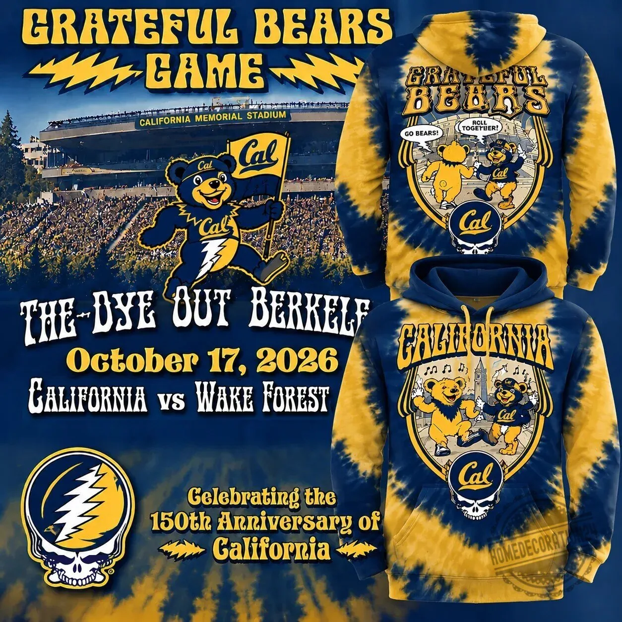 Tie-Dye Hoodie Featuring Grateful Dead and California Golden Bears Football Design