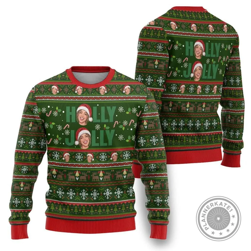 Personalized Holly Jolly Christmas Custom Photo Ugly Sweater