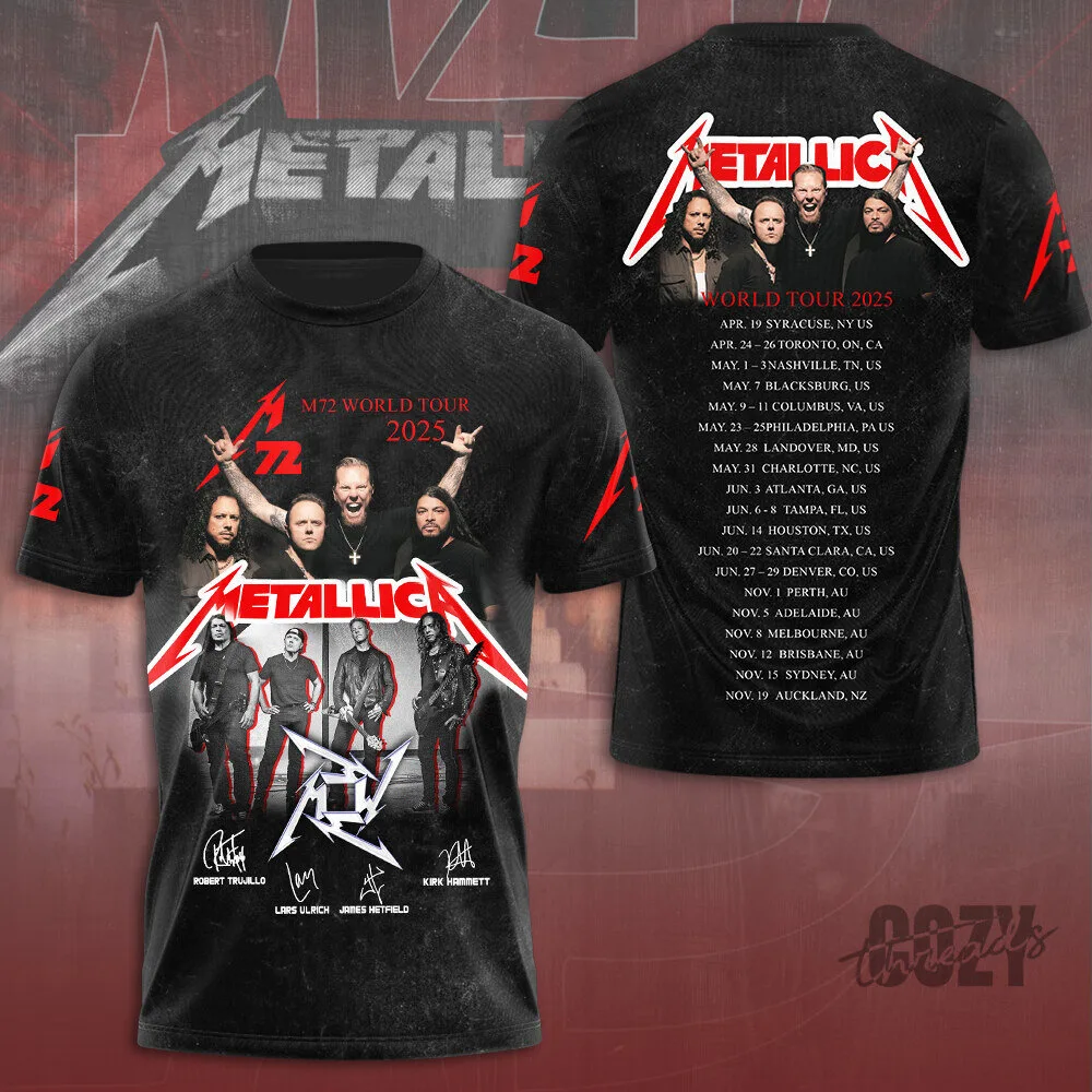Concert Dates T-Shirt for Metallica's 2025 M72 World Tour Featuring Band Members