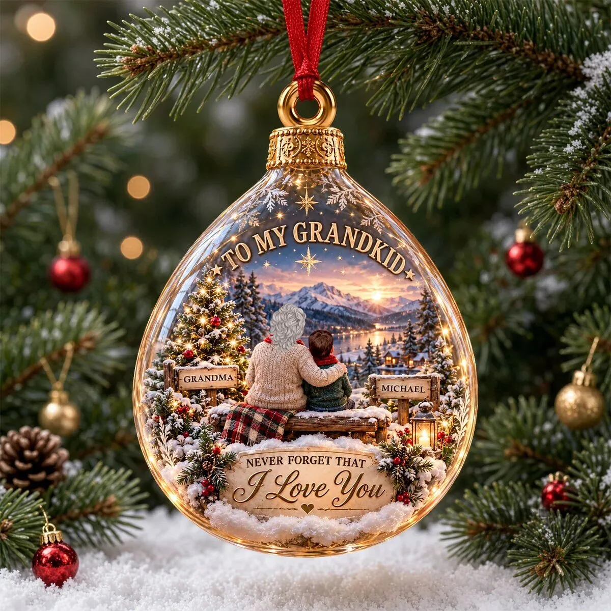 Grandma and Grandkid Christmas Ornament Personalized Winter Landscape Gift