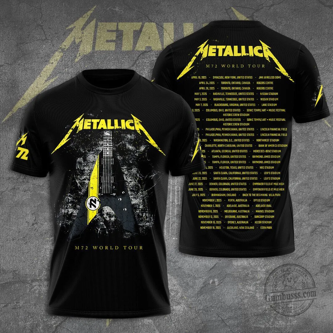 Metallica M72 World Tour Skull Guitar Concert Dates Black T-Shirt 1 Metallica M72 World Tour Skull Guitar Concert Dates Black T-Shirt