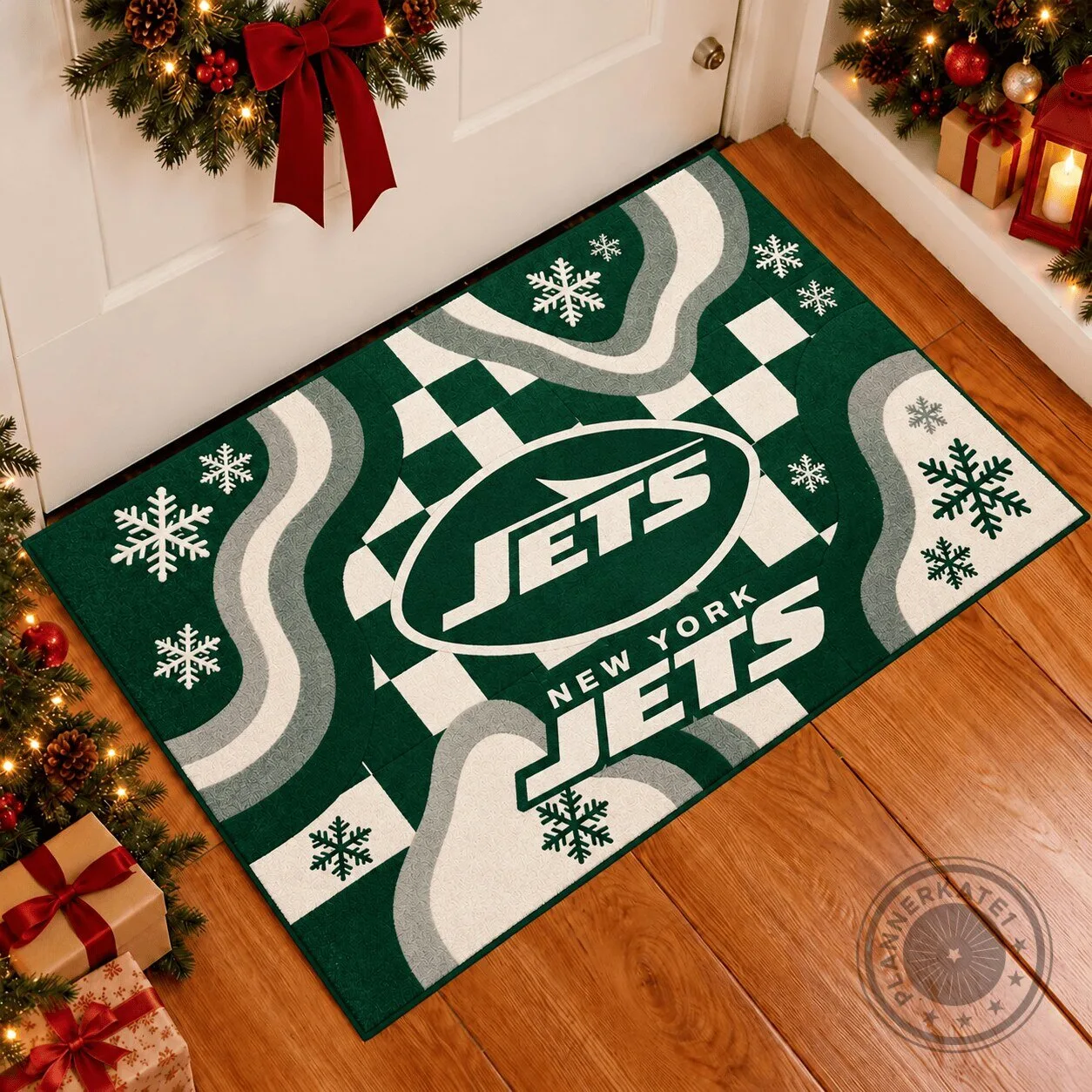 New York Jets Christmas Snowflake Wavy Pattern Holiday Doormat