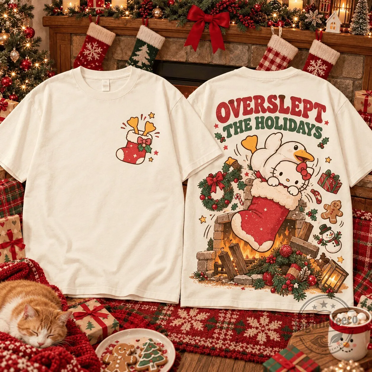 Hello Kitty Overslept The Holidays Christmas Chaos White T-Shirt