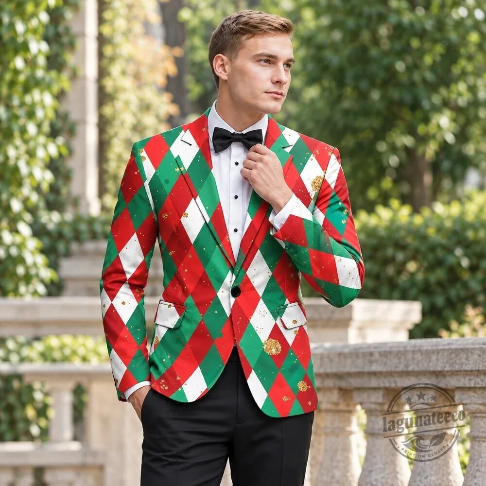 Merry and Bright Men's Christmas Argyle Patterned Blazer Jacket
