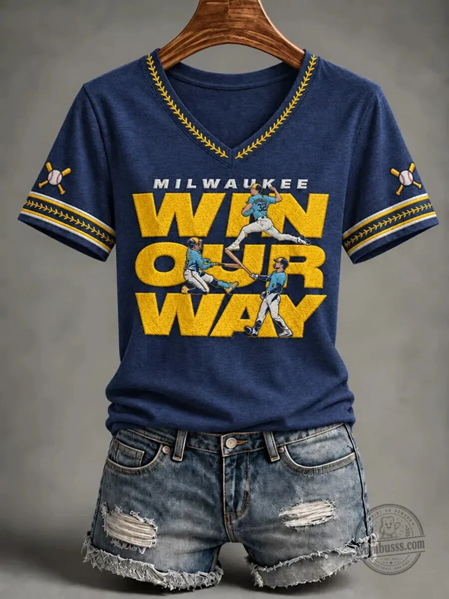 Milwaukee Brewers Baseball Win Our Way Graphic Print V-Neck Short Sleeve T-Shirt 1 Milwaukee Brewers Baseball Win Our Way Graphic Print V-Neck Short Sleeve T-Shirt