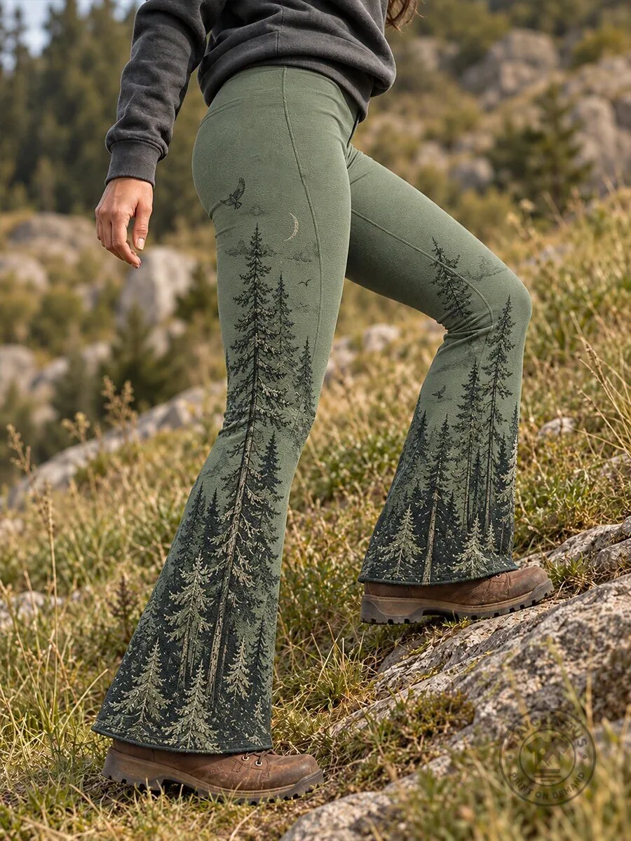 Forest Tree Line Print Green Bell Bottoms Leggings for Women