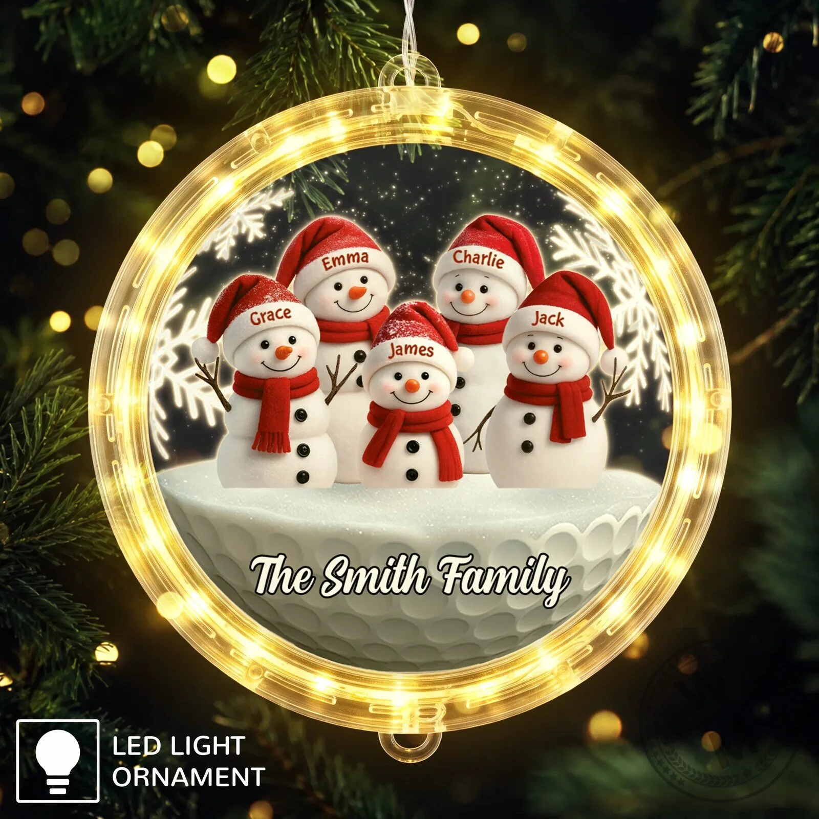 Personalized Snowman Family LED Light Ornament, Custom Christmas Tree Decoration