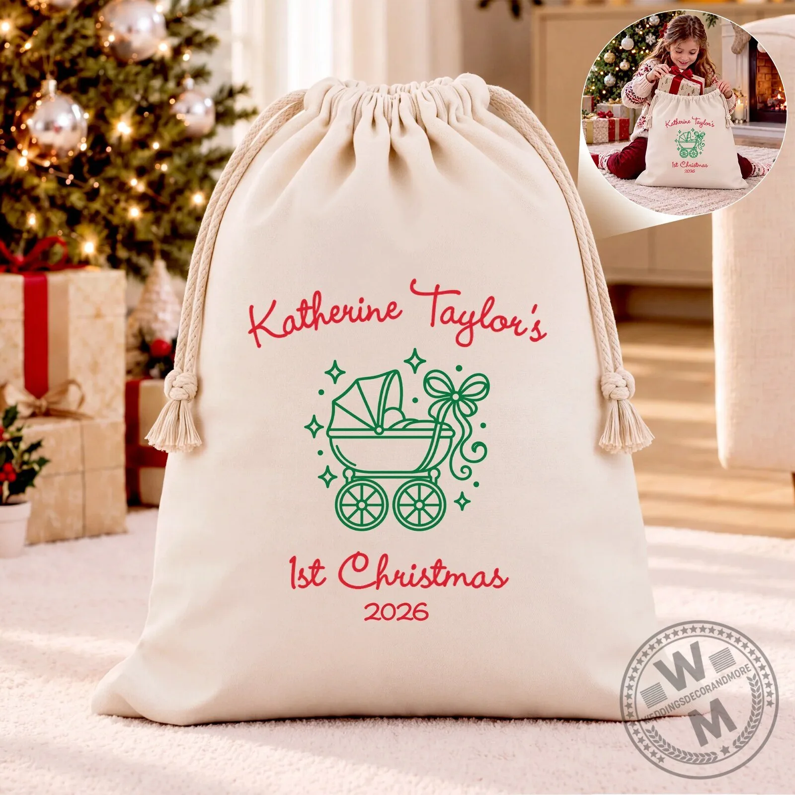 Personalized Baby's First Christmas Gift Bag with Custom Name and Year