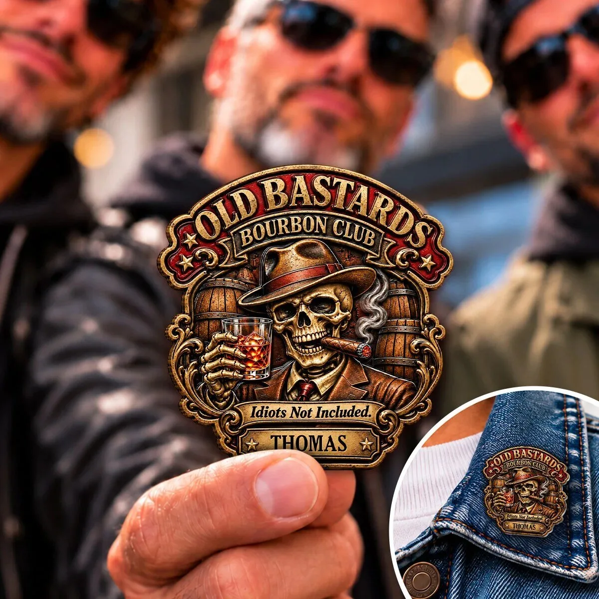 Old Bastards Bourbon Club Skeleton Drinking Whiskey Personalized Pin