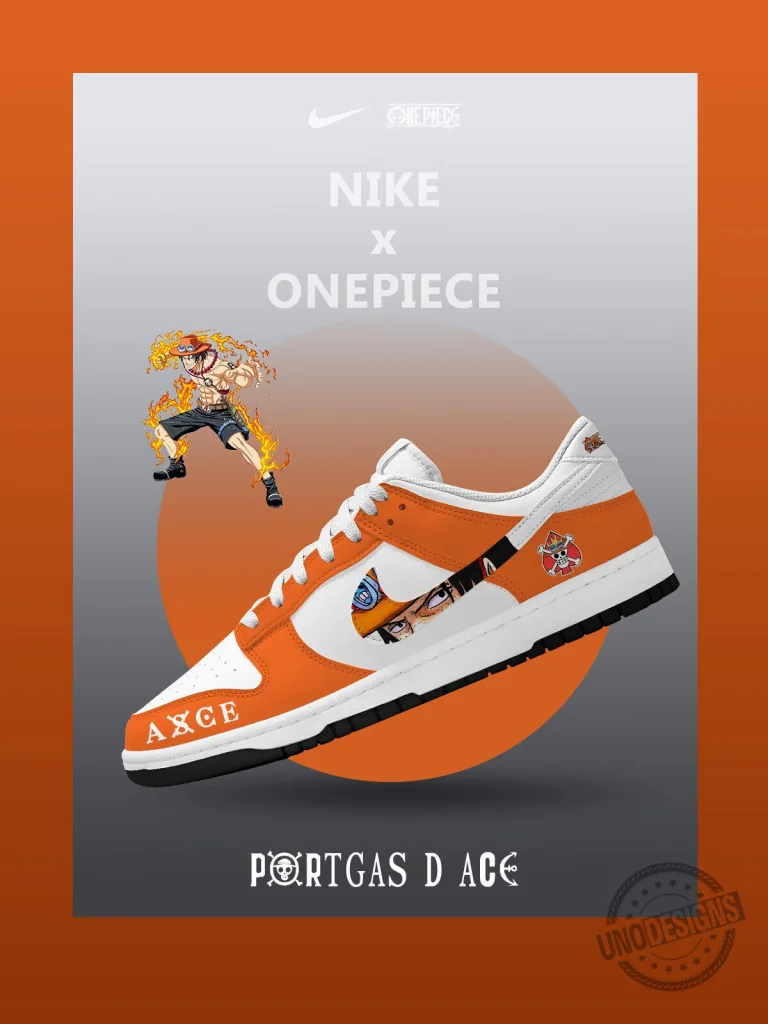 Portgas D Ace One Piece Anime Inspired Custom Orange and White Sneakers