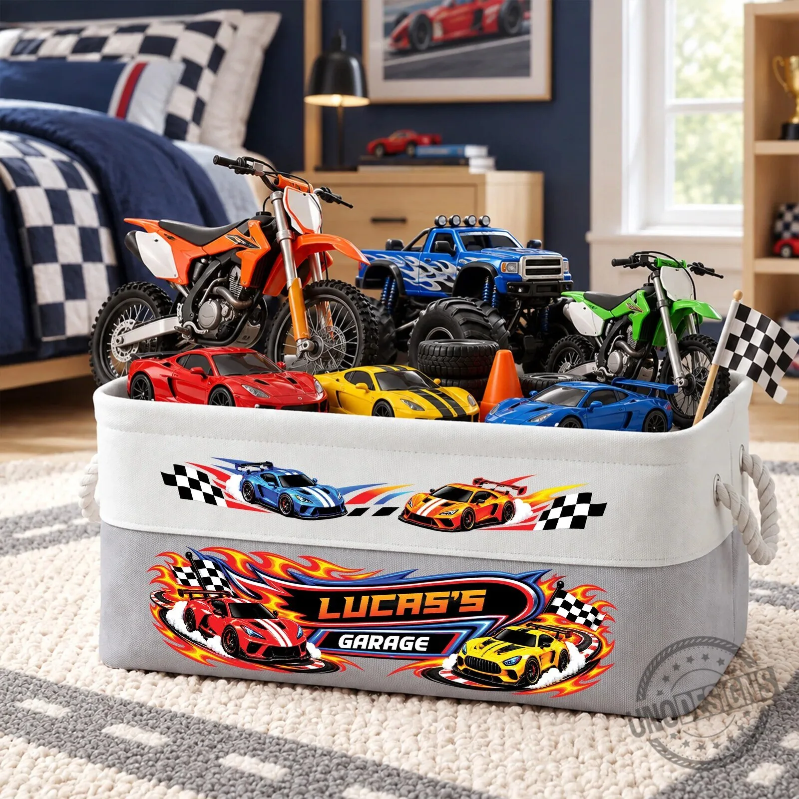Personalized Kids Race Car Garage Toy Storage Basket with Handles