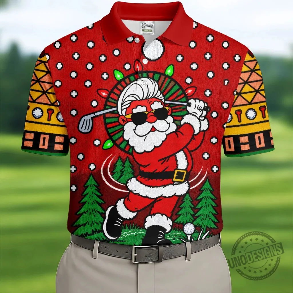 Funny Santa Claus Golfing Christmas Holiday Polo Shirt for Men Funny Santa Claus Golfing Christmas Holiday Polo Shirt for Men