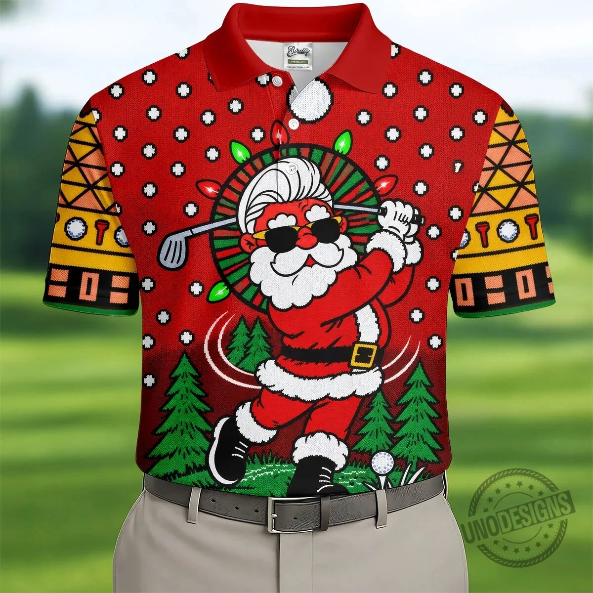 Funny Santa Claus Golfing Christmas Holiday Polo Shirt for Men