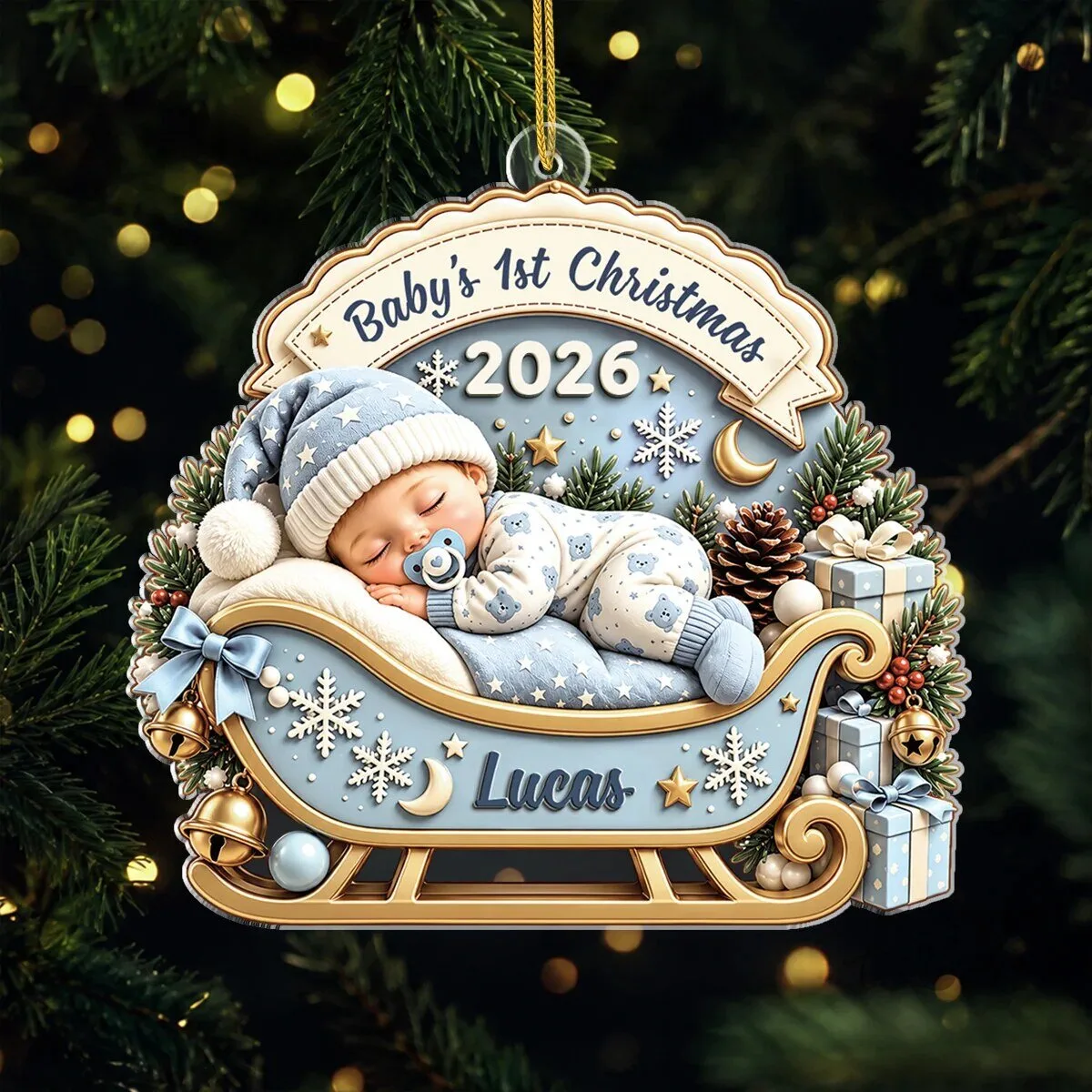 Baby's First Christmas 2026 Sleeping Baby Sleigh Acrylic Ornament