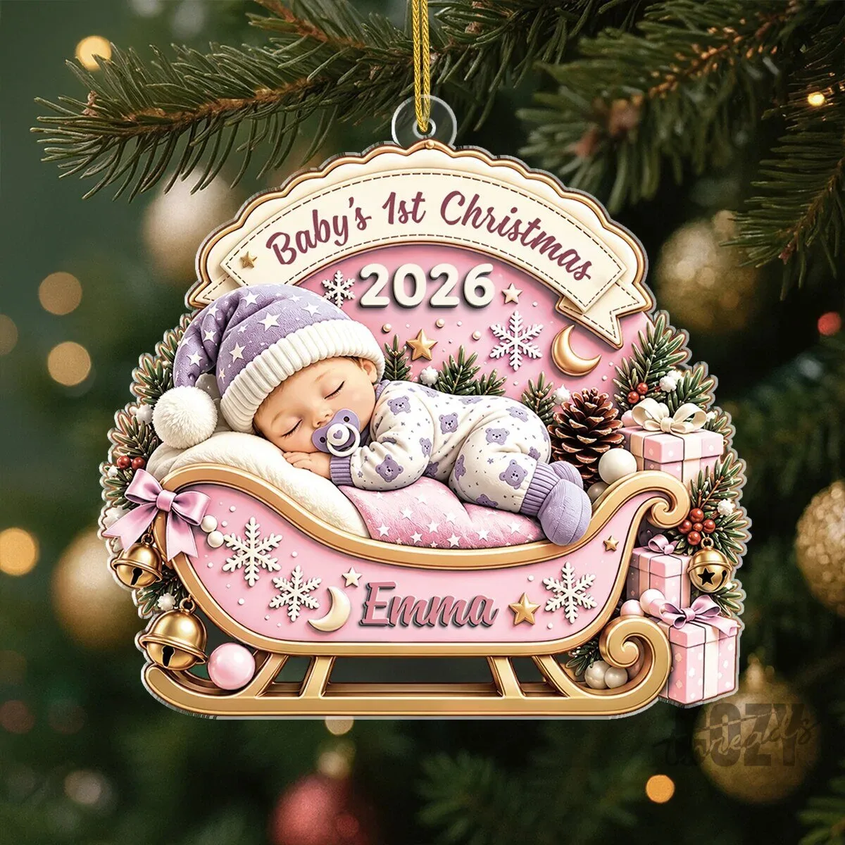 Baby's First Christmas 2026 Sleeping Baby Sleigh Acrylic Ornament 7 Baby