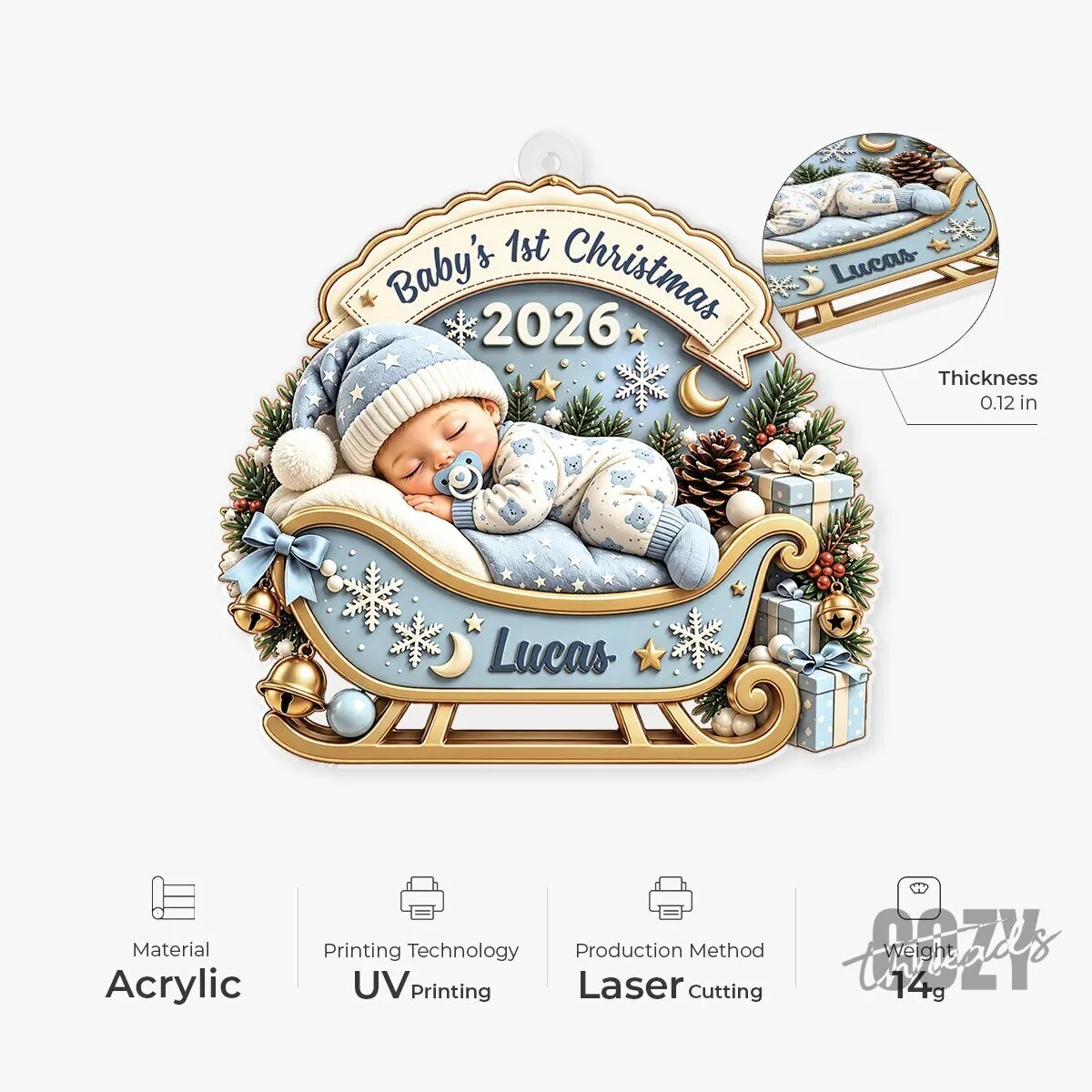 Baby's First Christmas 2026 Sleeping Baby Sleigh Acrylic Ornament 8 Baby