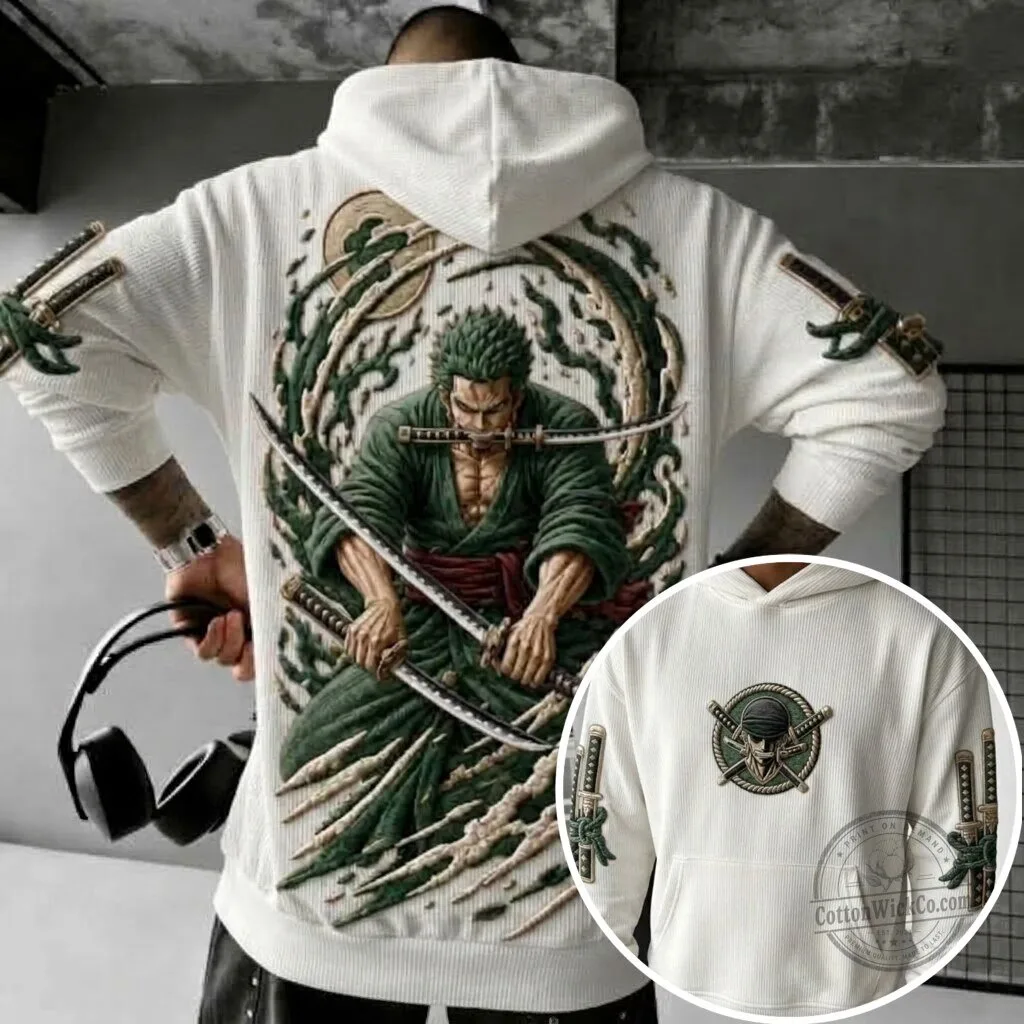 Roronoa Zoro One Piece Anime Character Graphic Print White Corduroy Hoodie