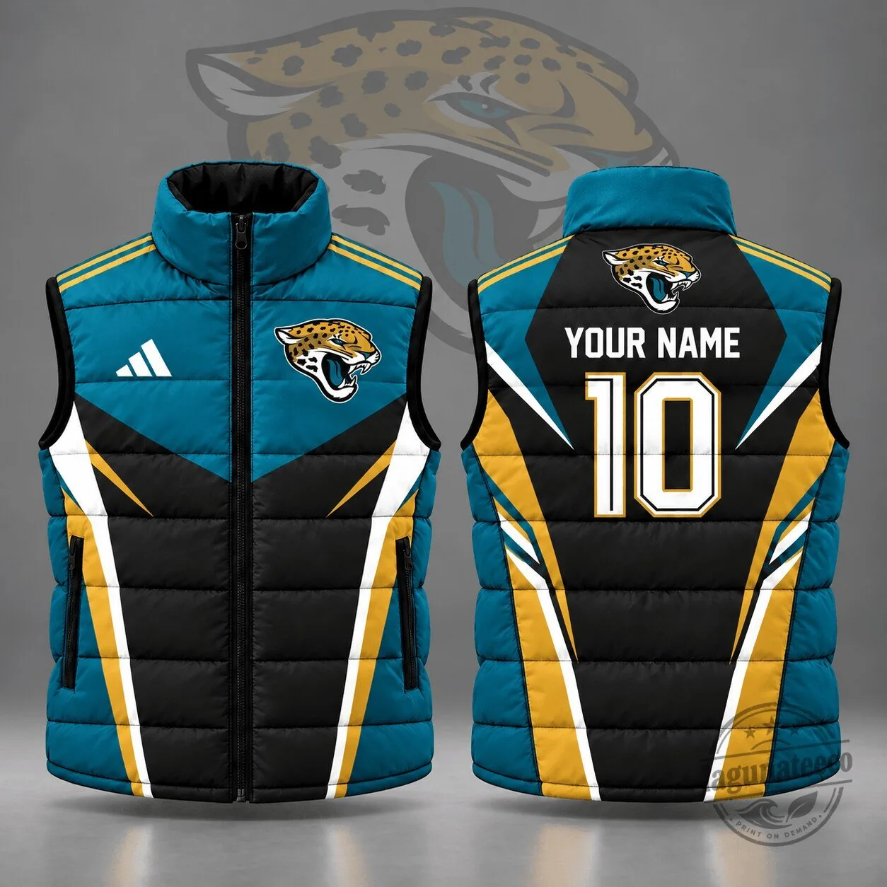 Jacksonville Jaguars NFL Custom Name Number Bold Chevron Puffer Vest