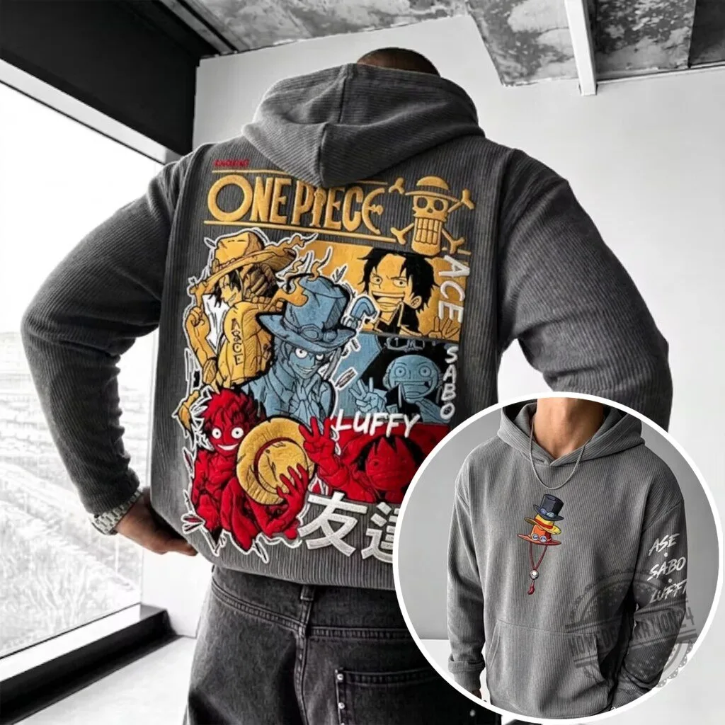 One Piece Anime Luffy Ace Sabo Corduroy Hoodie