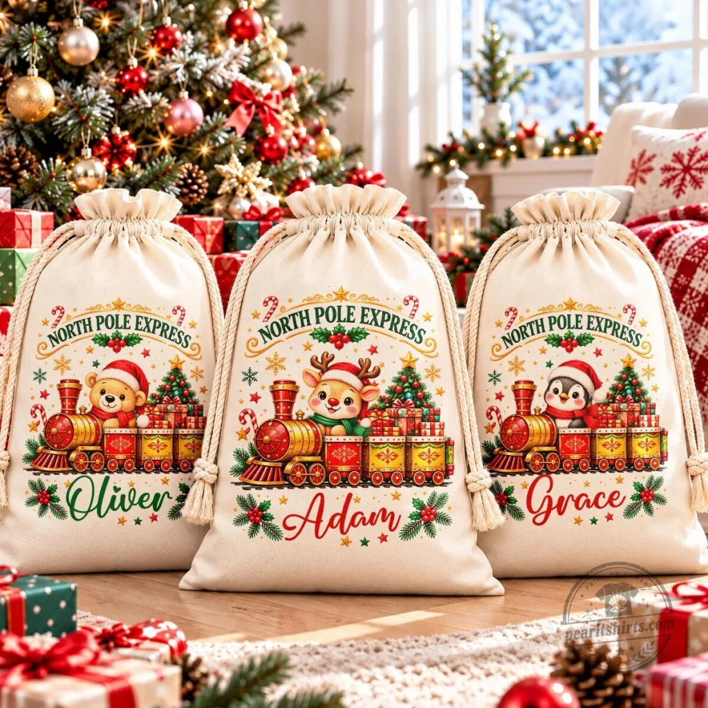 Personalized North Pole Express Christmas Drawstring Gift Bag Personalized North Pole Express Christmas Drawstring Gift Bag