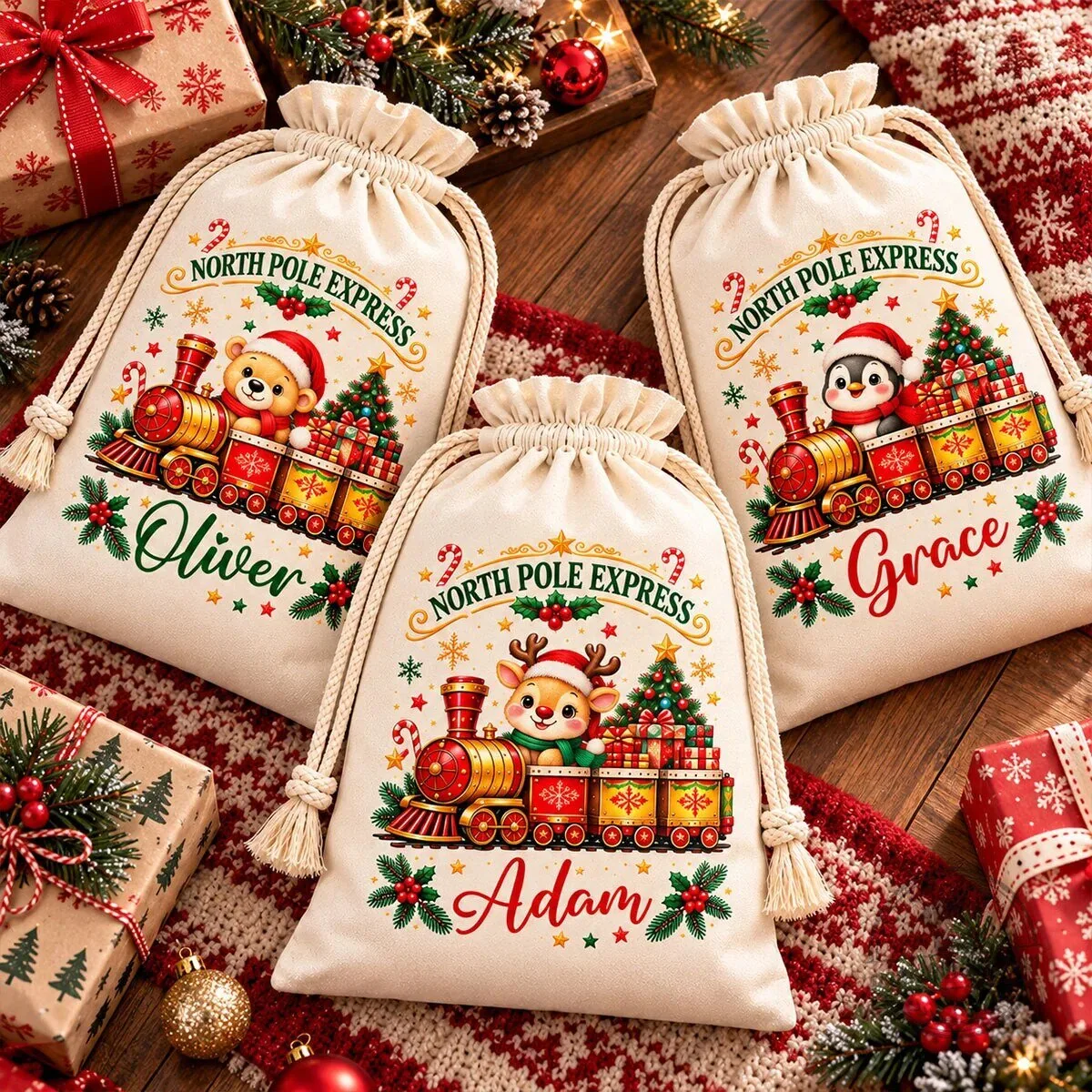 Personalized North Pole Express Christmas Drawstring Gift Bag 8 Personalized North Pole Express Christmas Drawstring Gift Bag