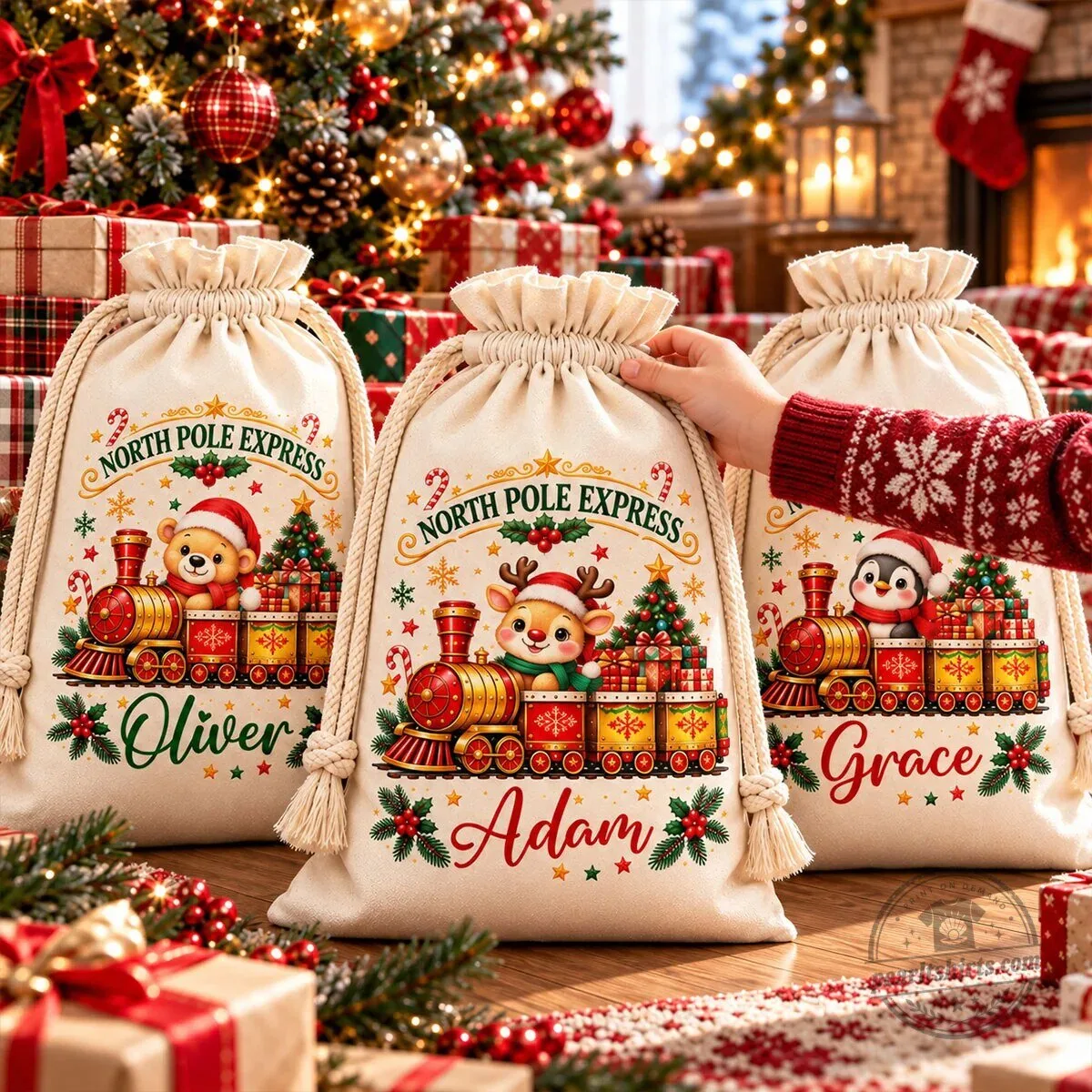 Personalized North Pole Express Christmas Drawstring Gift Bag 9 Personalized North Pole Express Christmas Drawstring Gift Bag