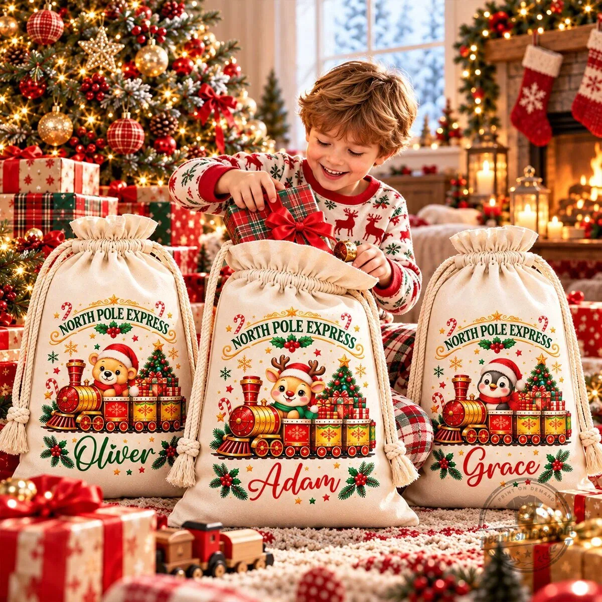 Personalized North Pole Express Christmas Drawstring Gift Bag 10 Personalized North Pole Express Christmas Drawstring Gift Bag