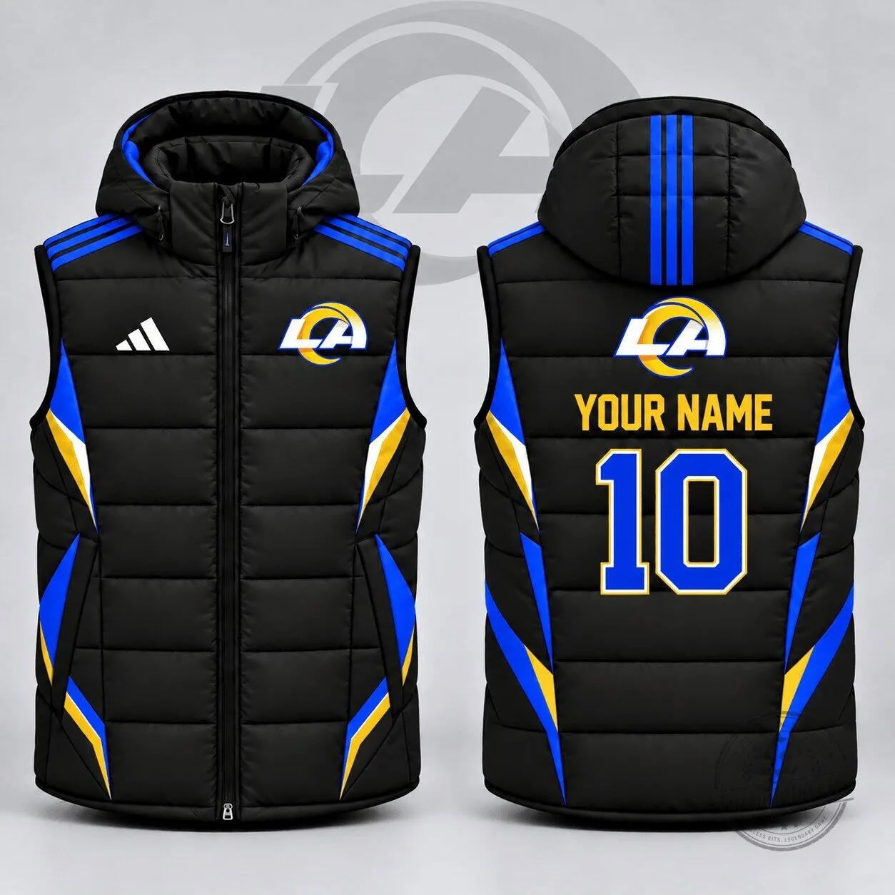 Los Angeles Rams Custom Name Number Athletic Stripe Hooded Puffer Vest