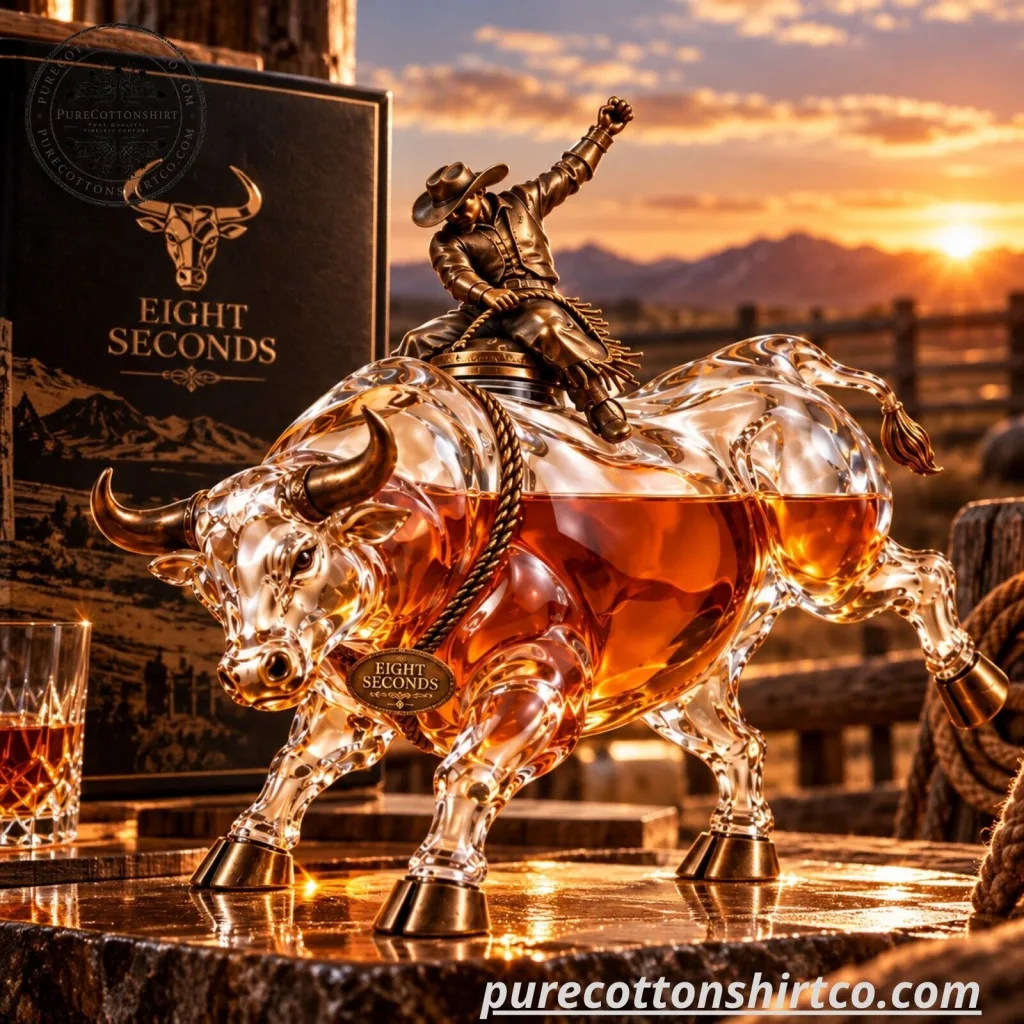 Eight Seconds Rodeo Bull Whiskey Decanter - Cowboy Riding Bull Glass Bottle Eight Seconds Rodeo Bull Whiskey Decanter - Cowboy Riding Bull Glass Bottle