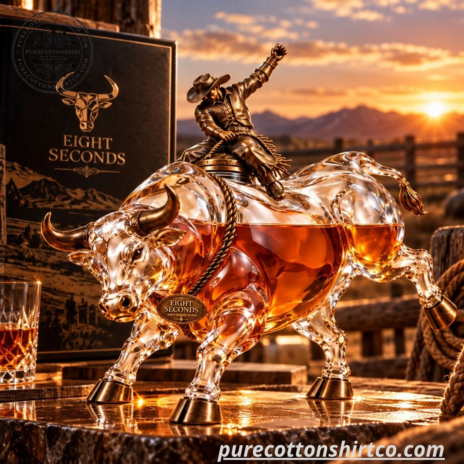 Eight Seconds Rodeo Bull Whiskey Decanter - Cowboy Riding Bull Glass Bottle