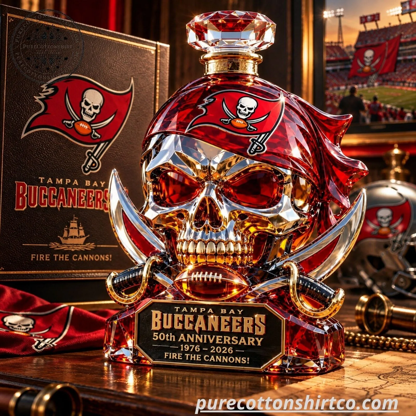 Tampa Bay Buccaneers 50th Anniversary Skull Whiskey Decanter - Pirate Crystal Bottle