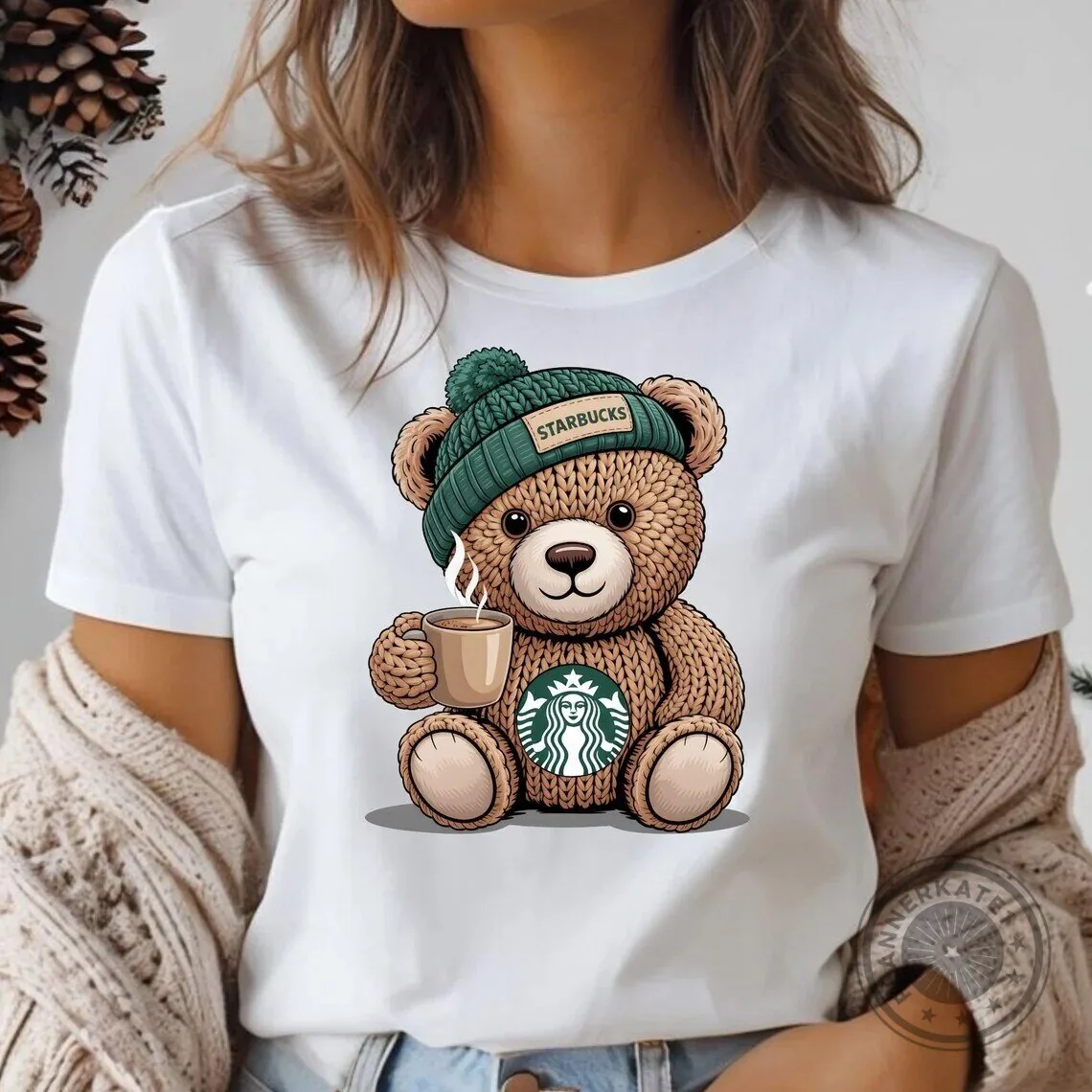 Starbucks Bear With Coffee Cup And Beanie Hat Graphic T-Shirt