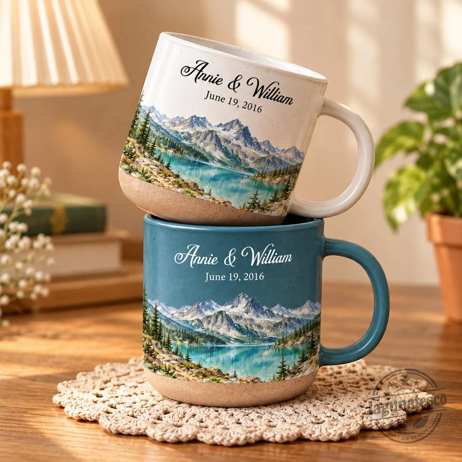 Personalized Mountain Lake Couple Anniversary Date Custom Name Mug