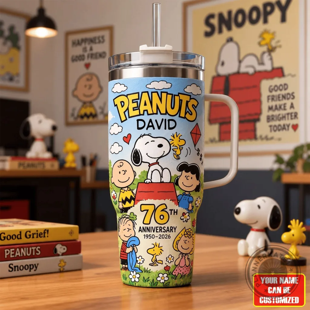 Peanuts Snoopy 76th Anniversary Personalized Stainless Steel Tumbler with Handle Peanuts Snoopy 76th Anniversary Personalized Stainless Steel Tumbler with Handle
