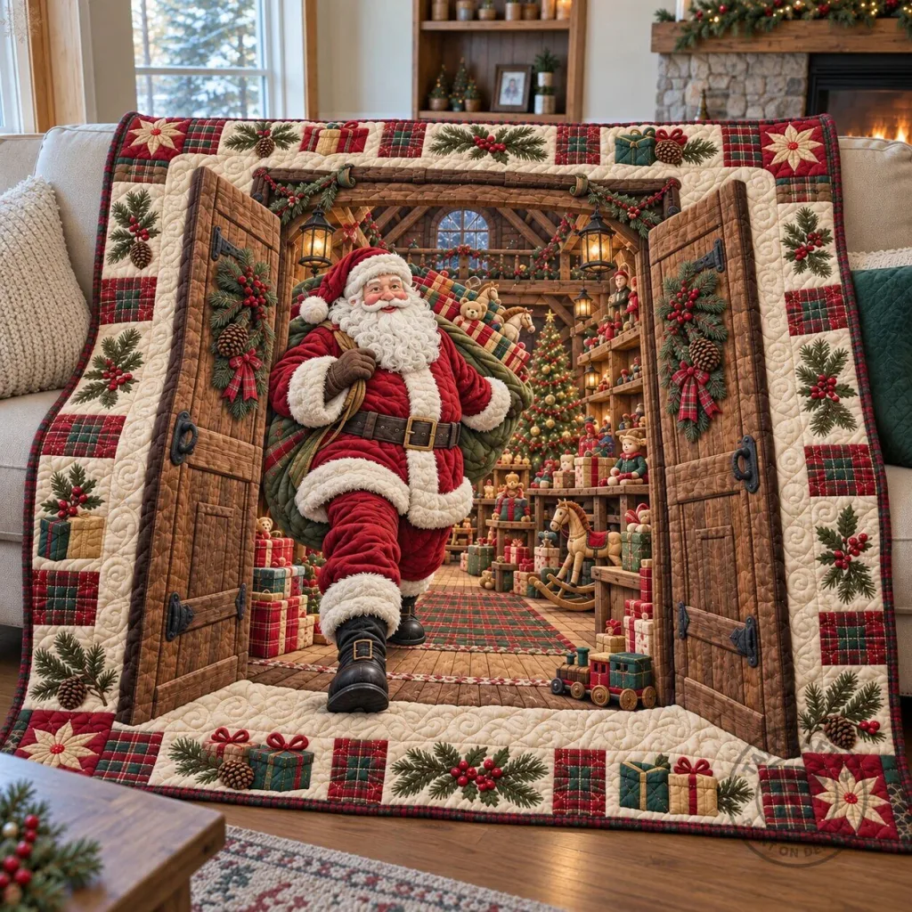 Santa Claus Christmas Toy Workshop Quilted Blanket for Holiday Home Decor Santa Claus Christmas Toy Workshop Quilted Blanket for Holiday Home Decor