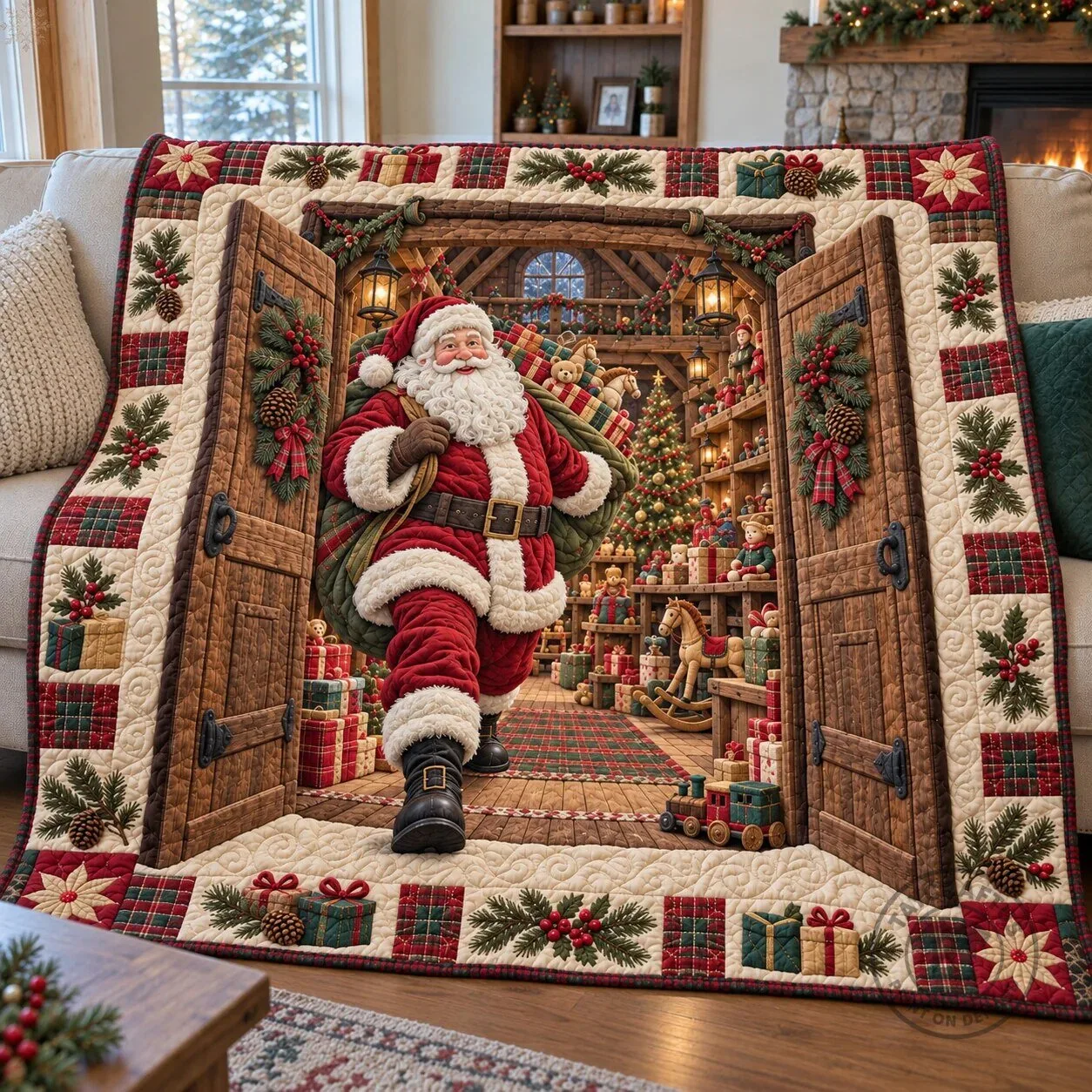 Santa Claus Christmas Toy Workshop Quilted Blanket for Holiday Home Decor