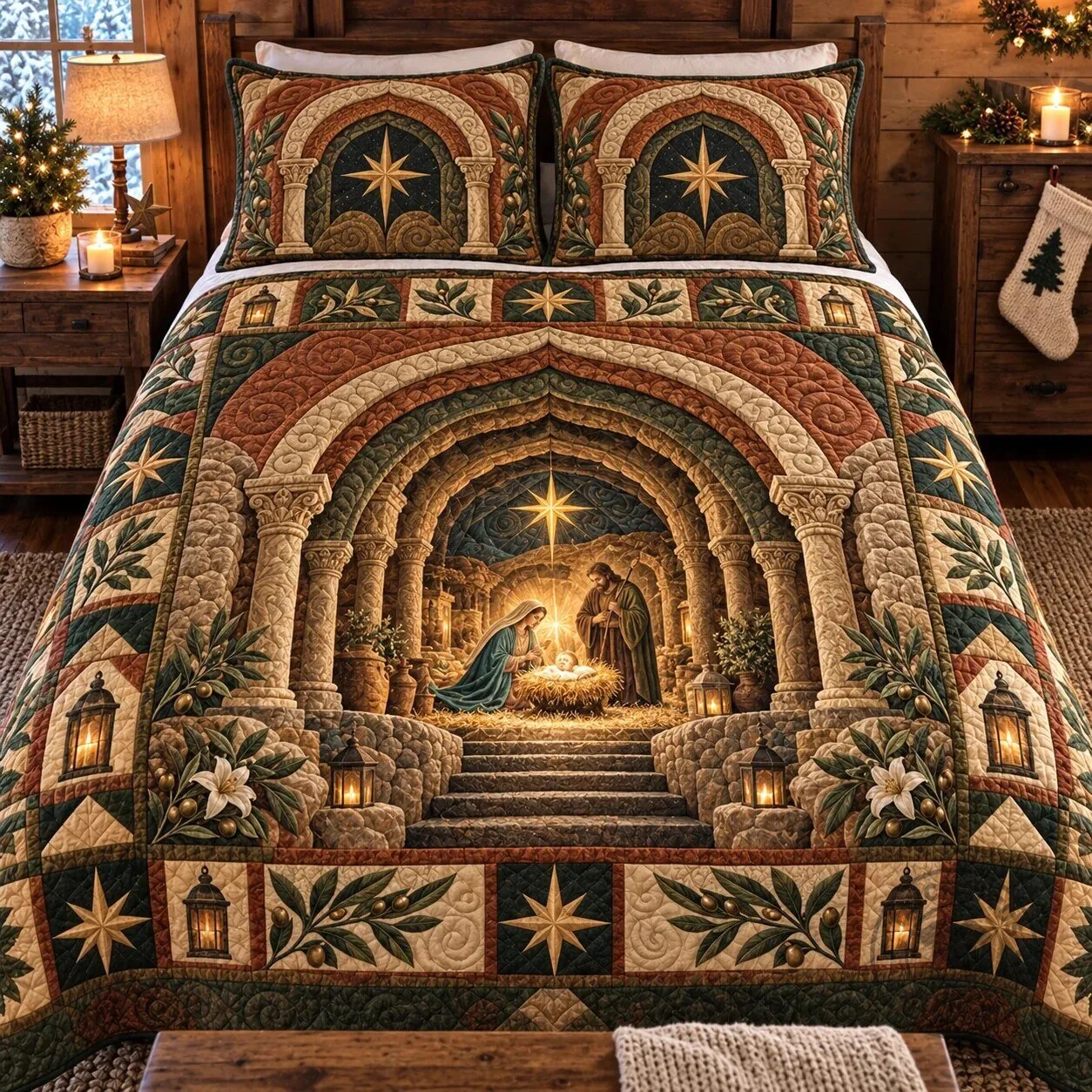 Christmas Nativity Scene Stone Arch Quilted Bedding Set