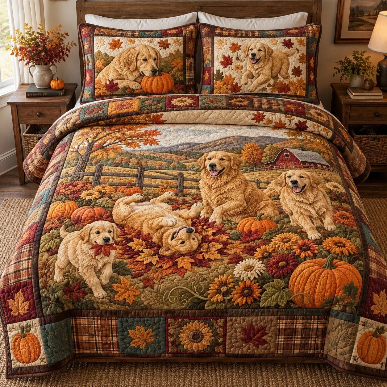 Golden Retriever Puppies Pumpkin Patch Autumn Quilted Bedding Set 5 Golden Retriever Puppies Pumpkin Patch Autumn Quilted Bedding Set