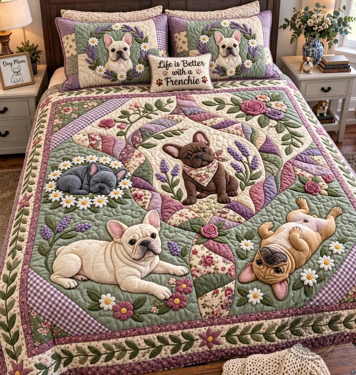 French Bulldog Puppy Dog Floral Quilted Blanket Bedding Set