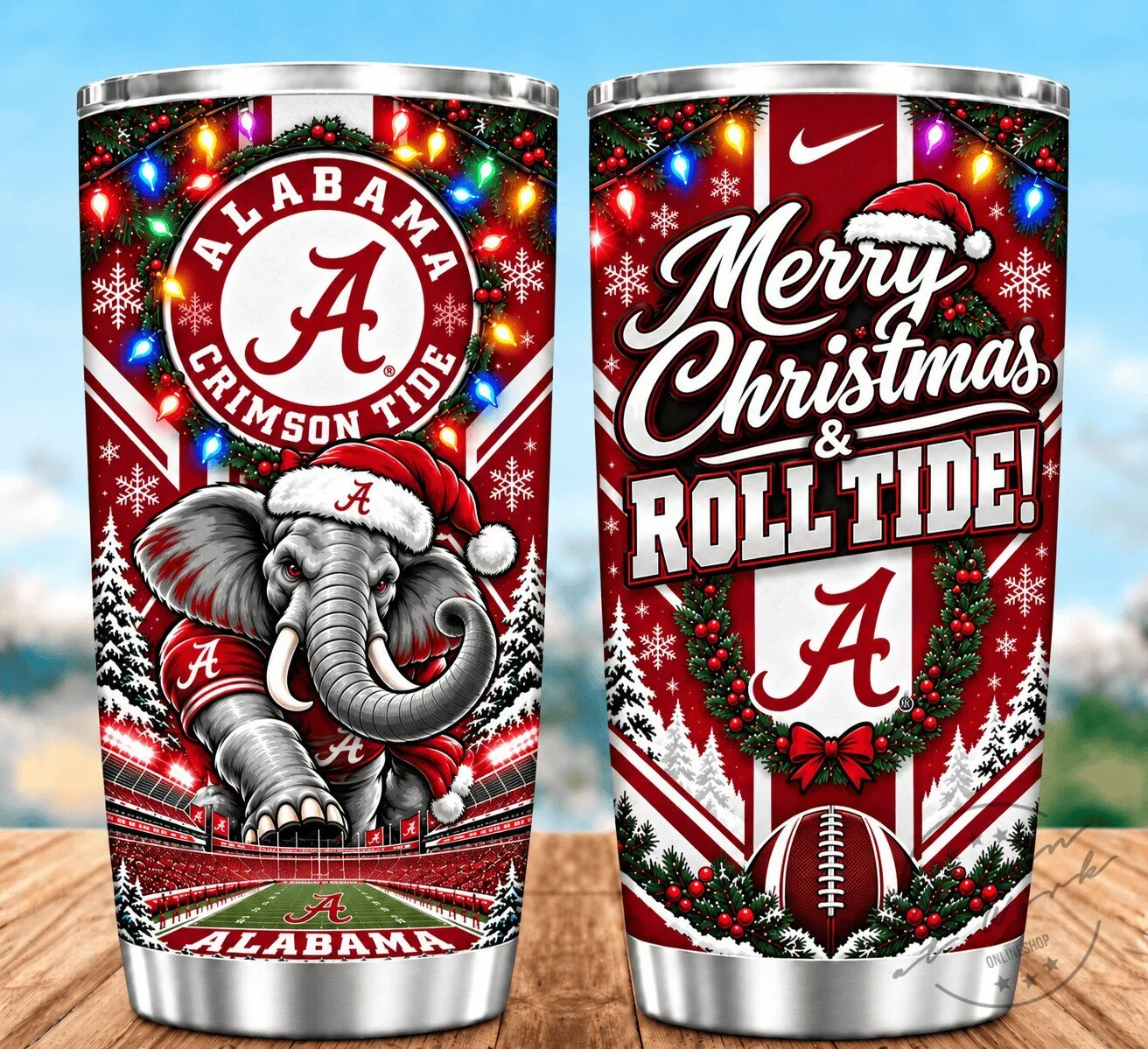 Alabama Crimson Tide Merry Christmas Roll Tide Elephant Stainless Steel Tumbler