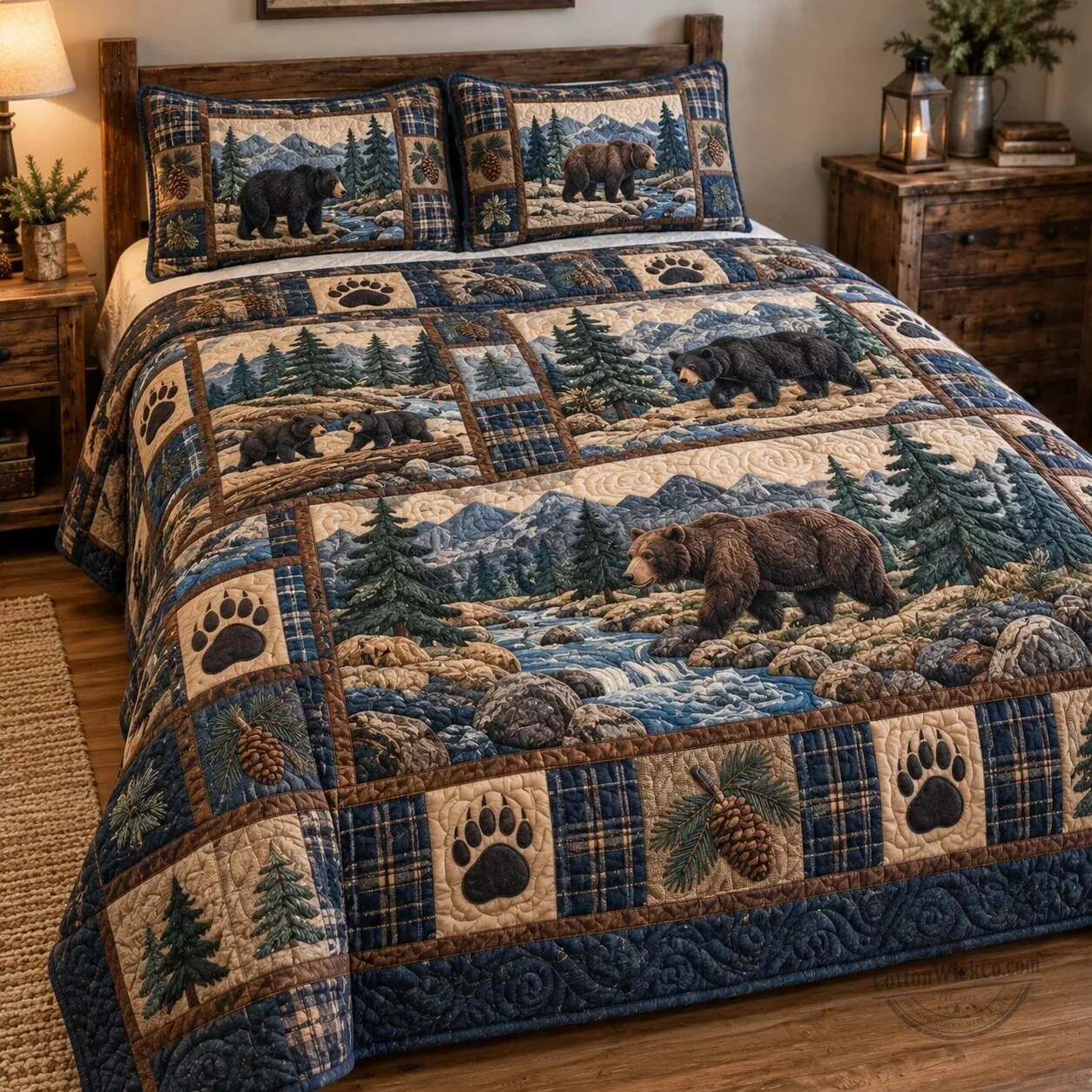 Rustic Bear Patchwork Quilted Bedding Set with Pillow Shams